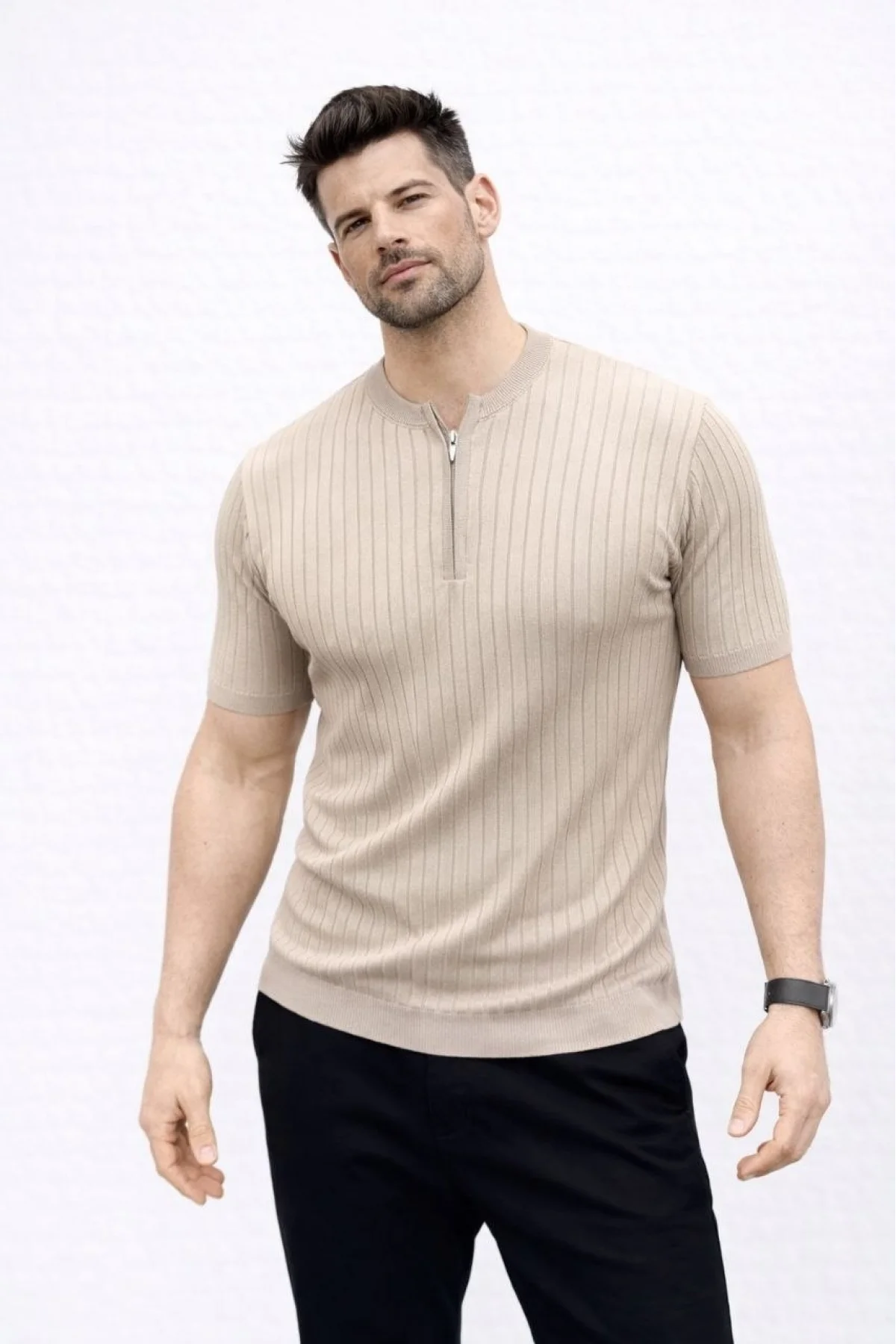 Erkek Kısa Kol Fitilli Triko T-Shirt Yazlık Hakim Yaka Tişört - Bej