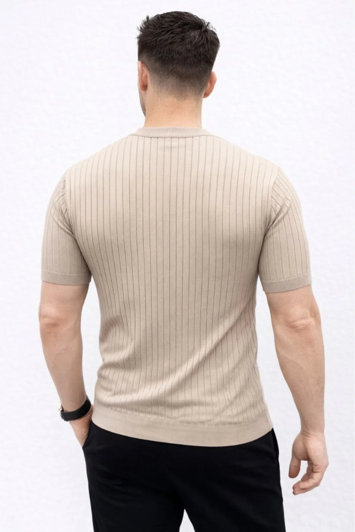 Erkek Kısa Kol Fitilli Triko T-Shirt Yazlık Hakim Yaka Tişört - Bej