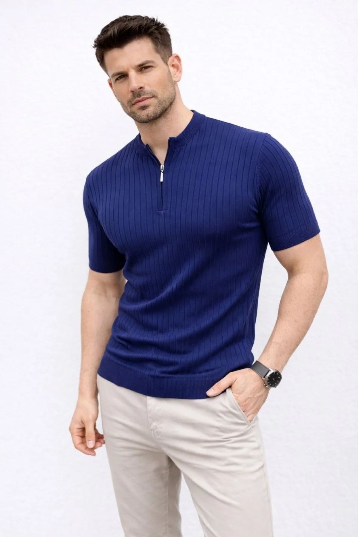 Erkek Kısa Kol Fitilli Triko T-Shirt Yazlık Hakim Yaka Tişört - Lacivert