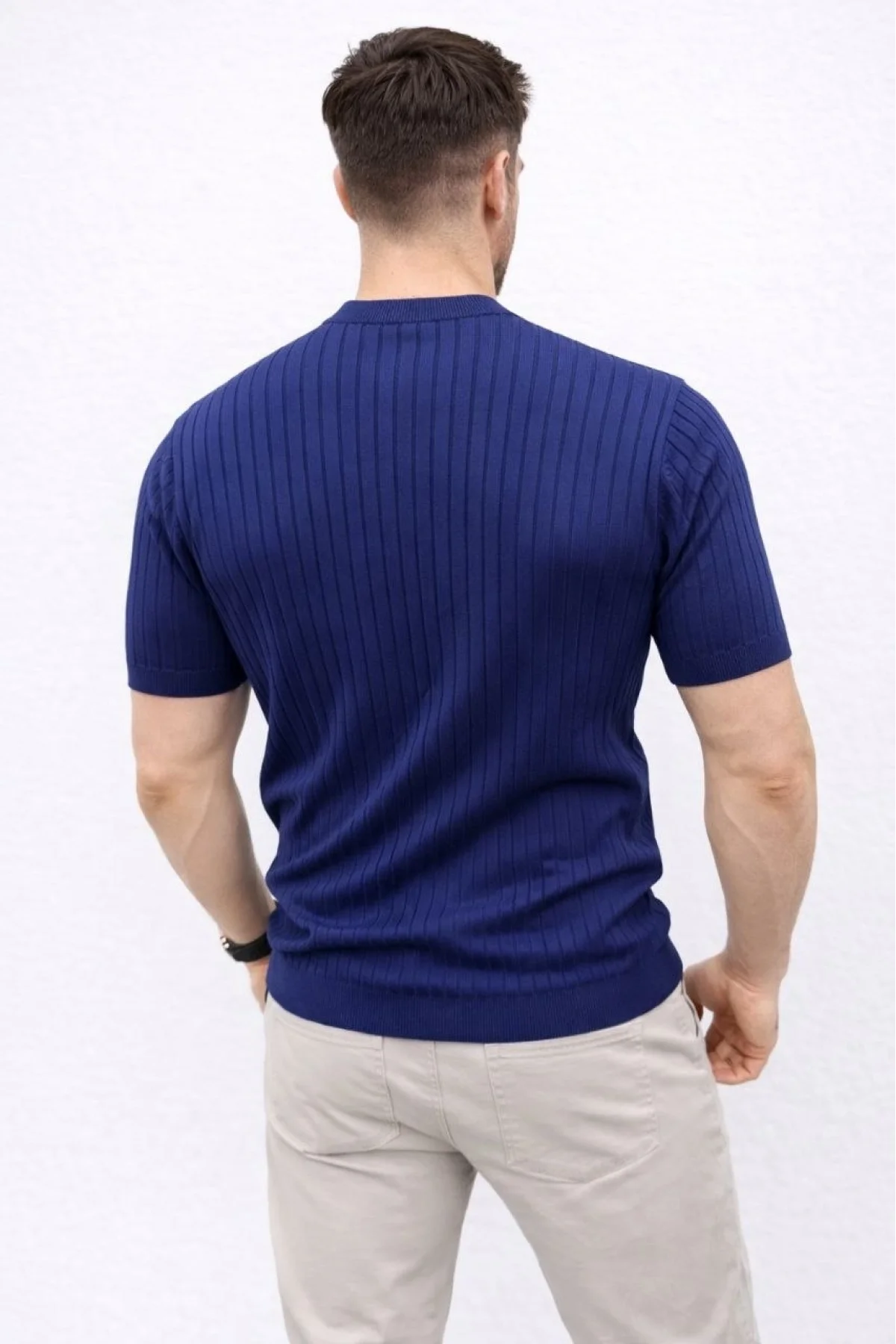 Erkek Kısa Kol Fitilli Triko T-Shirt Yazlık Hakim Yaka Tişört - Lacivert