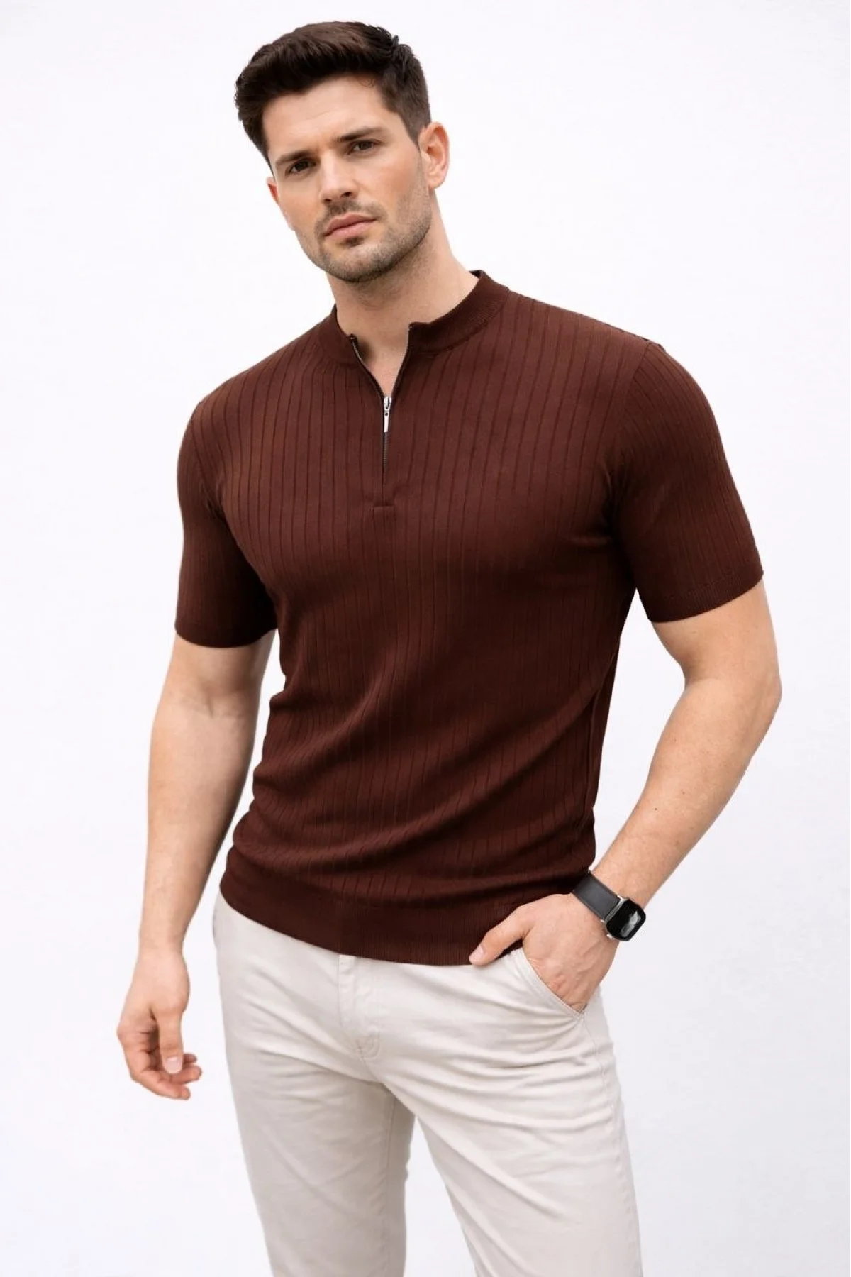 Erkek Kısa Kol Fitilli Triko T-Shirt Yazlık Hakim Yaka Tişört - Kahverengi