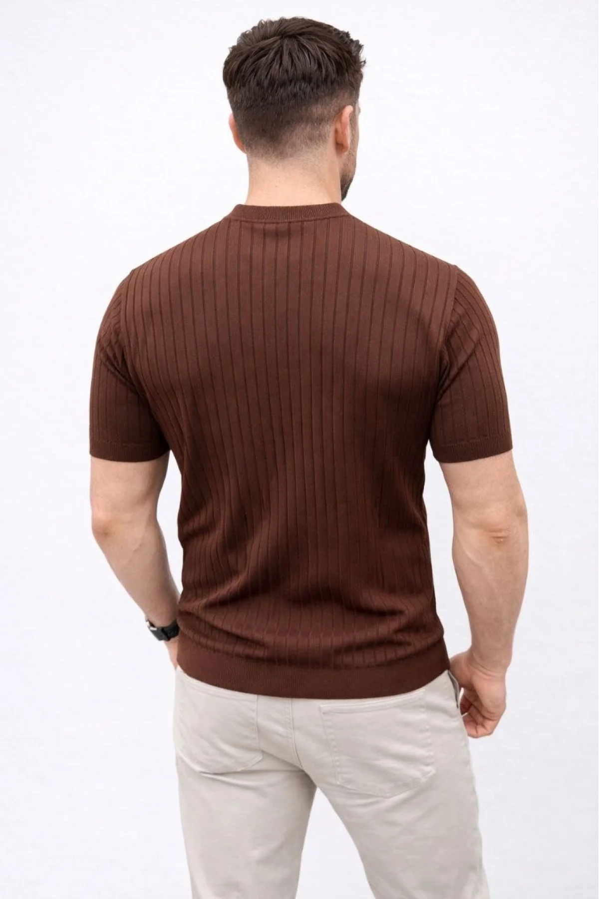 Erkek Kısa Kol Fitilli Triko T-Shirt Yazlık Hakim Yaka Tişört - Kahverengi