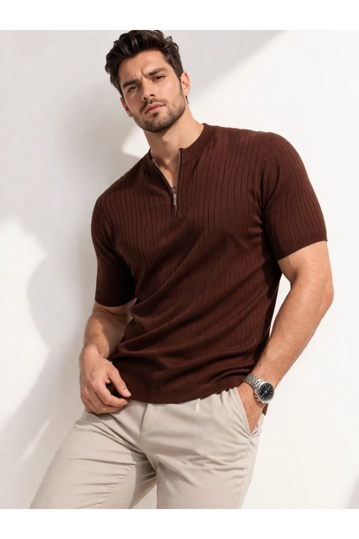 Erkek Kısa Kol Fitilli Triko T-Shirt Yazlık Hakim Yaka Tişört - Kahverengi