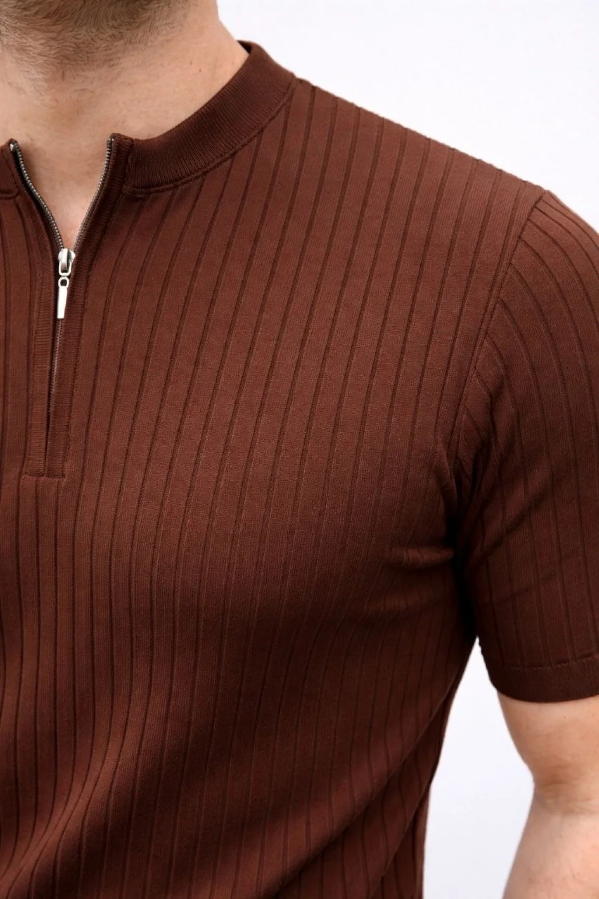 Erkek Kısa Kol Fitilli Triko T-Shirt Yazlık Hakim Yaka Tişört - Kahverengi