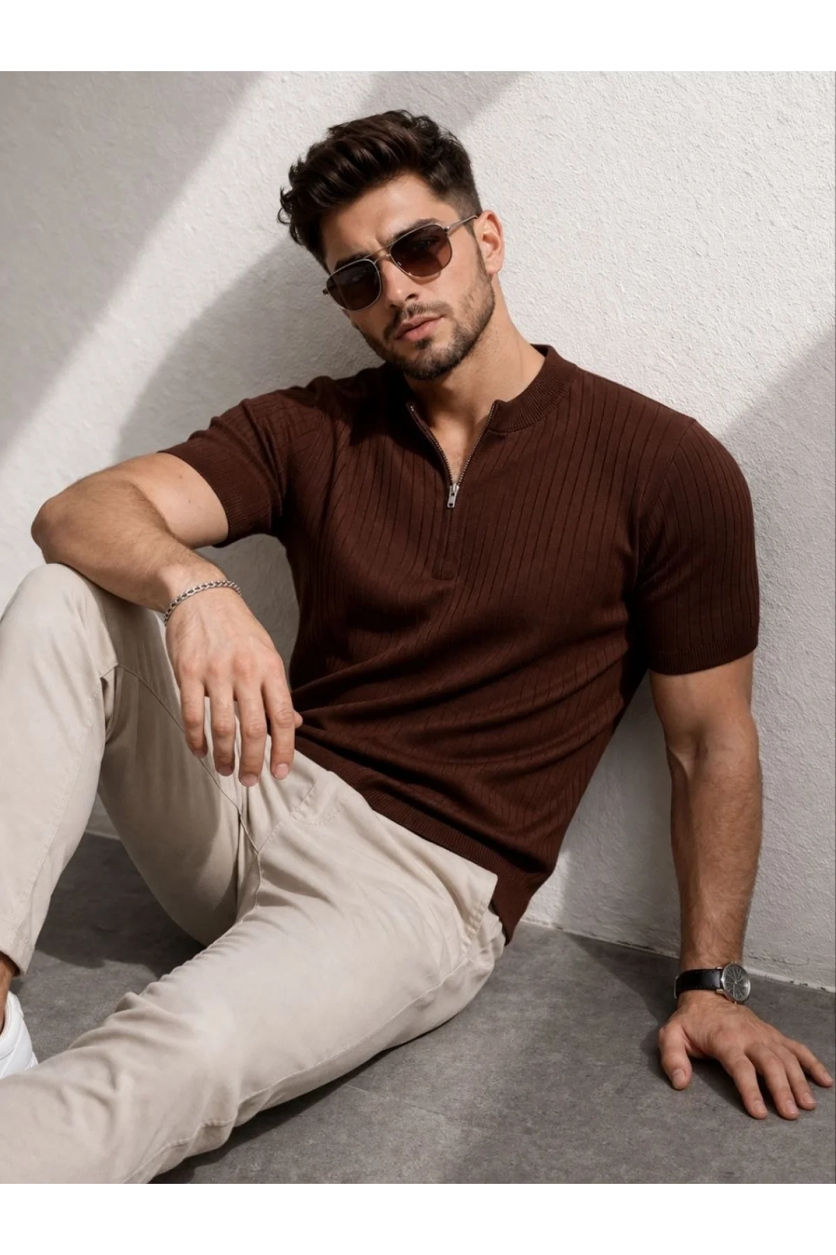 Erkek Kısa Kol Fitilli Triko T-Shirt Yazlık Hakim Yaka Tişört - Kahverengi