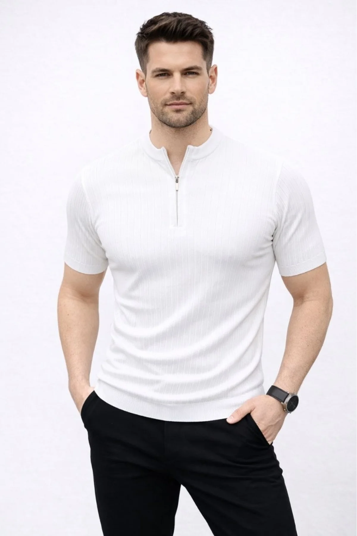Erkek Kısa Kol Fitilli Triko T-Shirt Yazlık Hakim Yaka Tişört - Beyaz