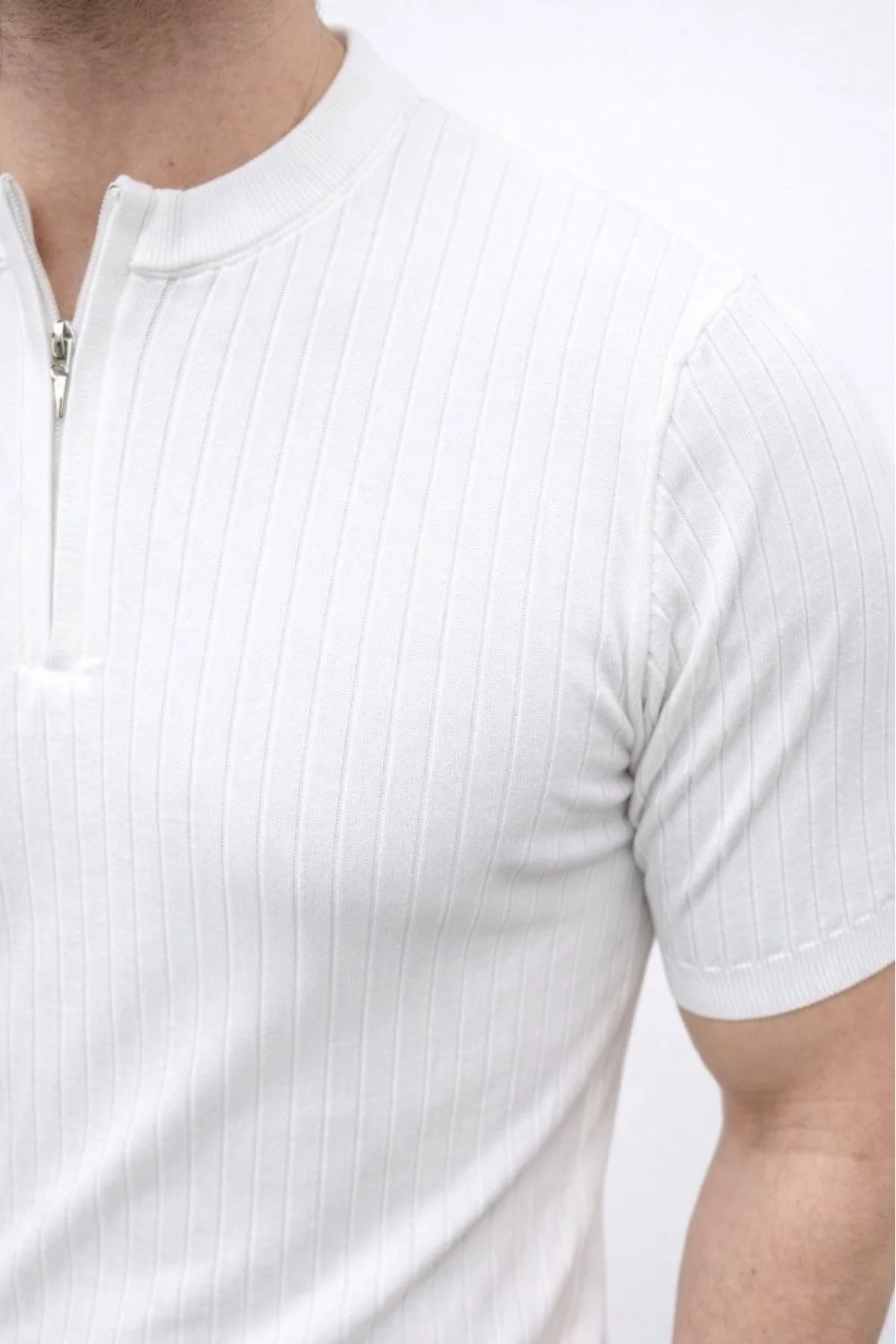 Erkek Kısa Kol Fitilli Triko T-Shirt Yazlık Hakim Yaka Tişört - Beyaz