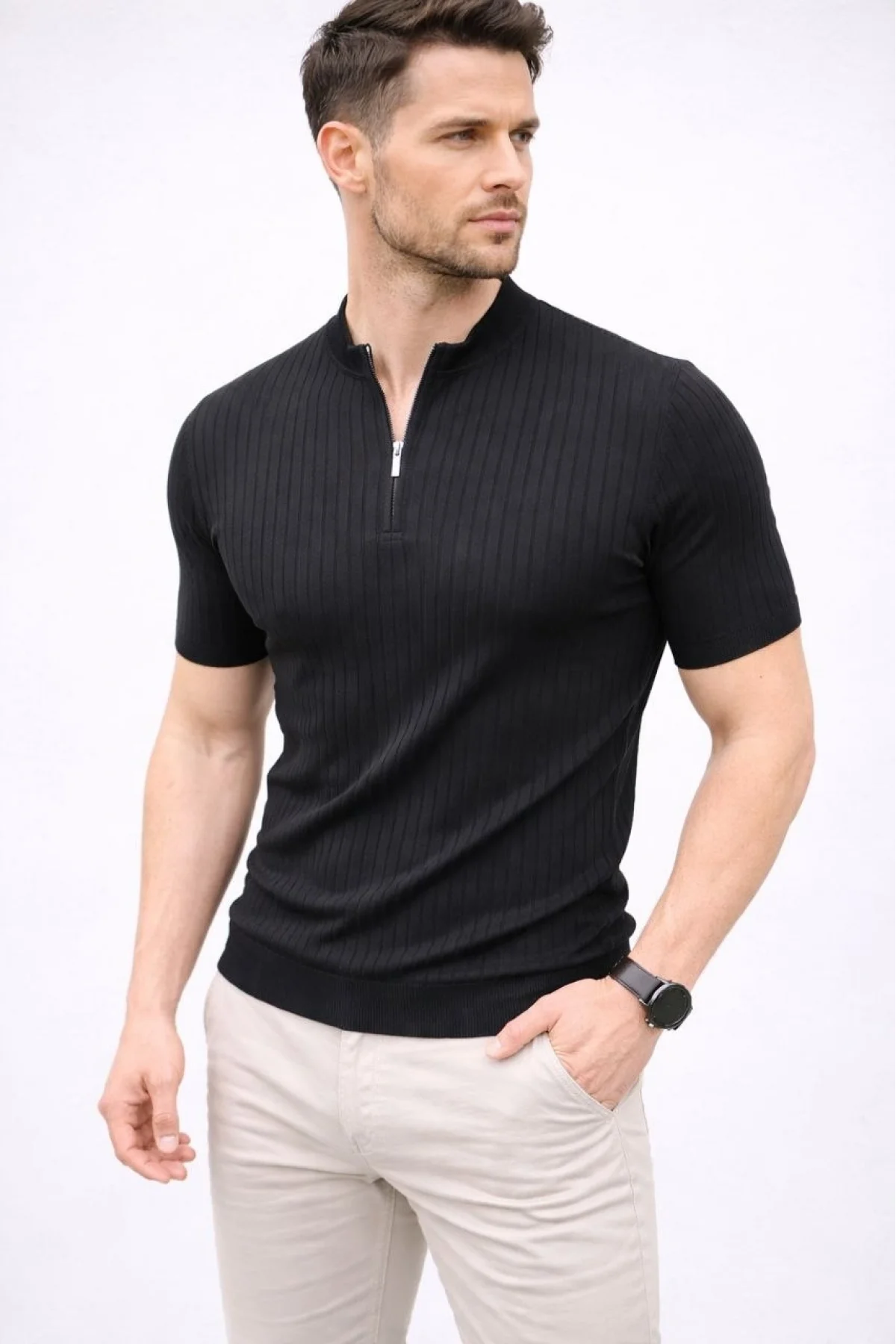 Erkek Kısa Kol Fitilli Triko T-Shirt Yazlık Hakim Yaka Tişört - Siyah