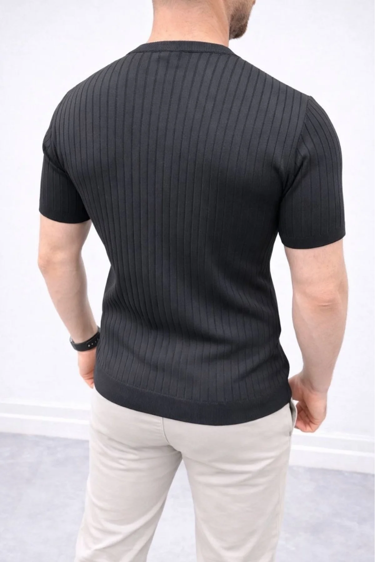 Erkek Kısa Kol Fitilli Triko T-Shirt Yazlık Hakim Yaka Tişört - Siyah