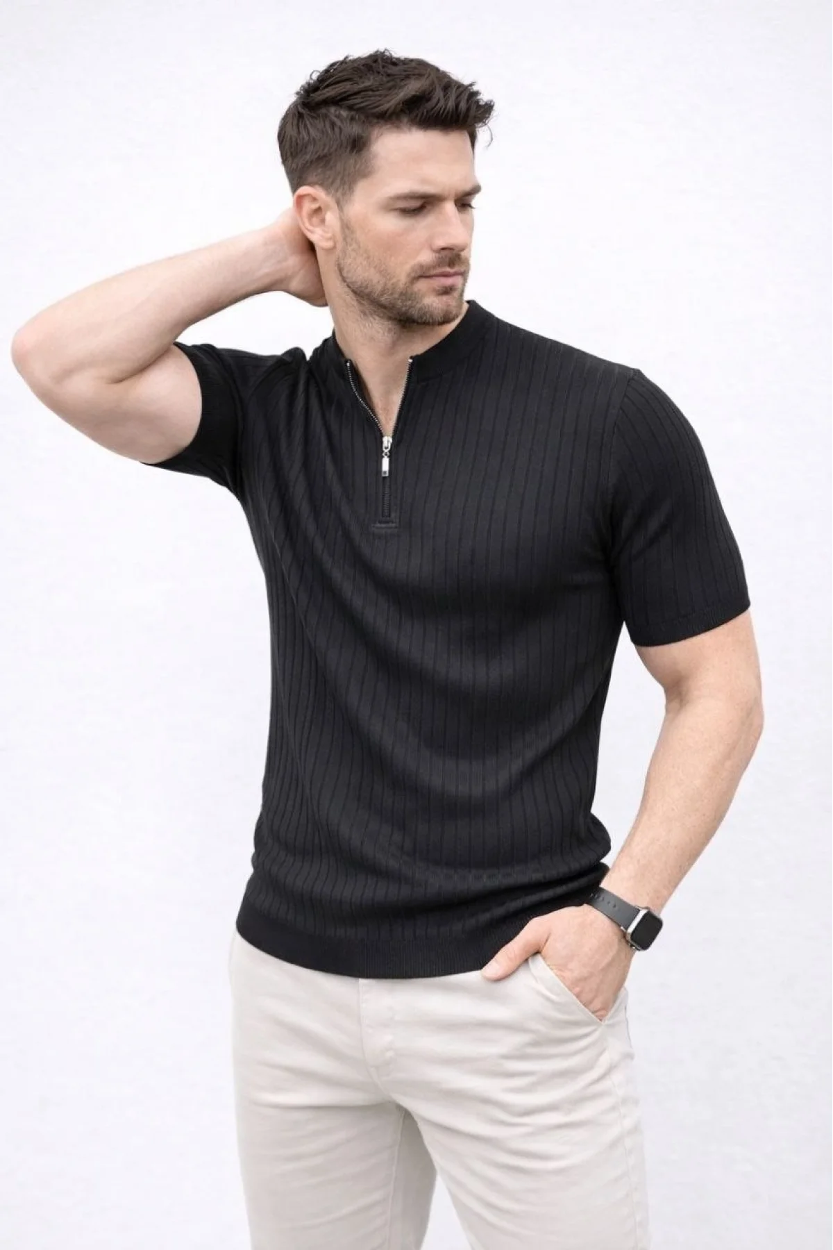 Erkek Kısa Kol Fitilli Triko T-Shirt Yazlık Hakim Yaka Tişört - Siyah
