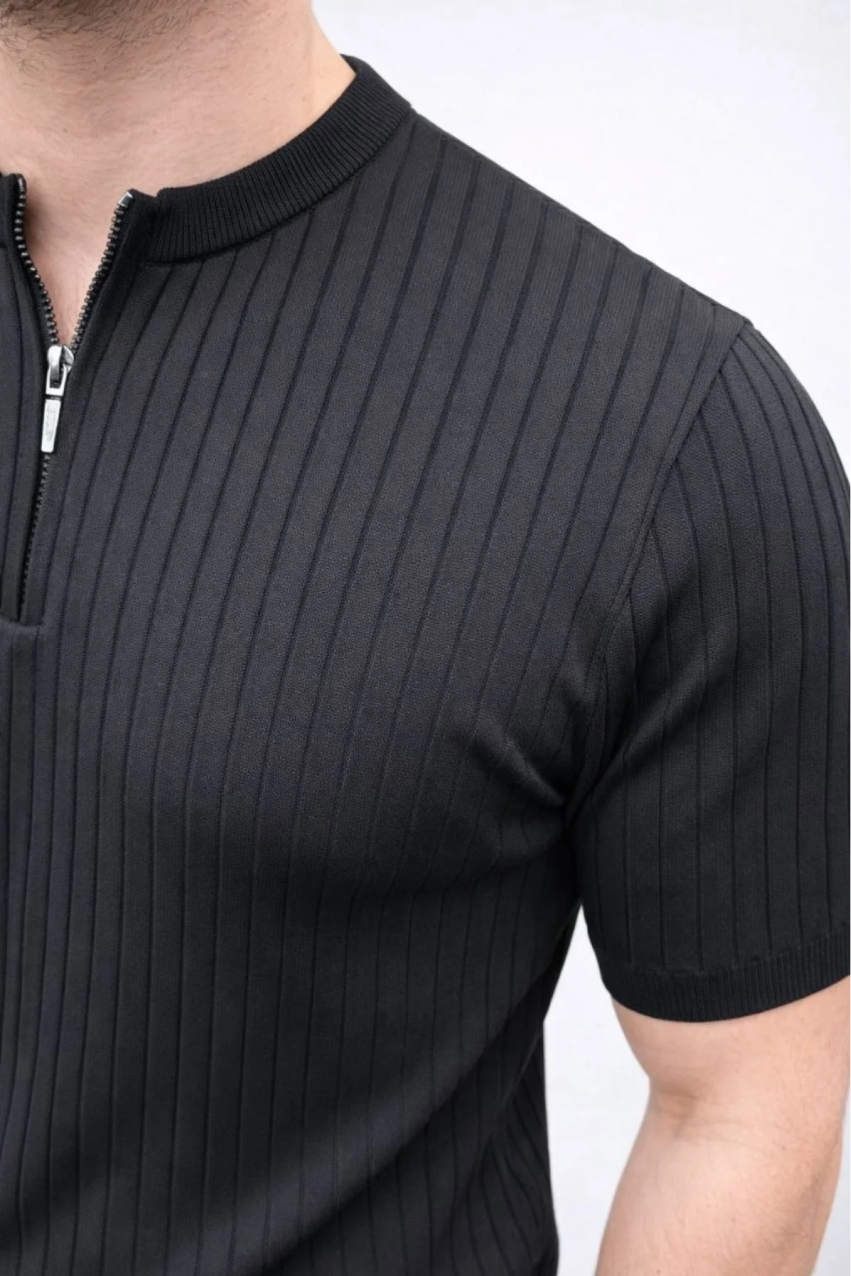 Erkek Kısa Kol Fitilli Triko T-Shirt Yazlık Hakim Yaka Tişört - Siyah