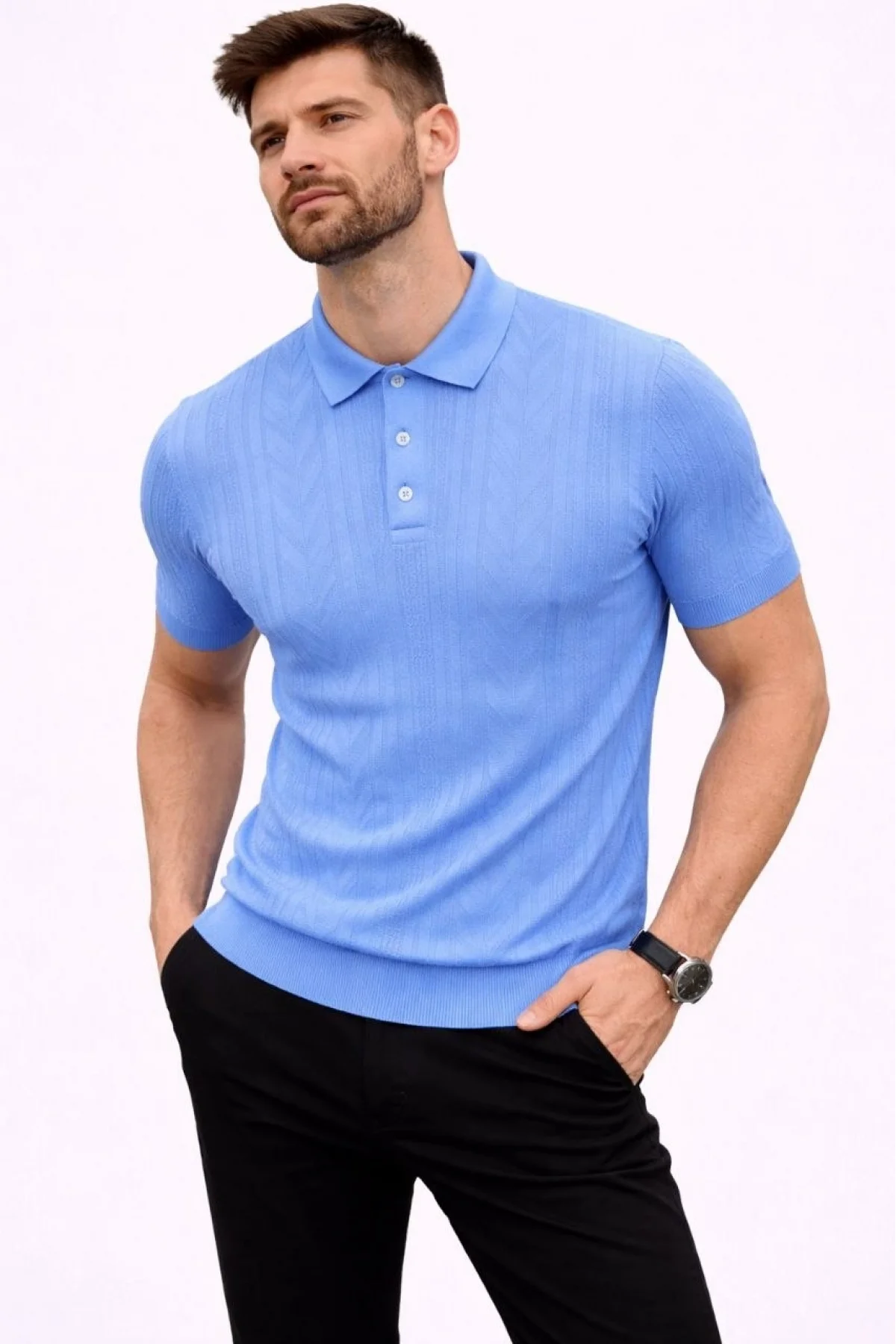 Erkek Yazlık Triko Tişört Kısa Kol Polo Yaka Düğmeli T-Shirt - Bebek Mavisi