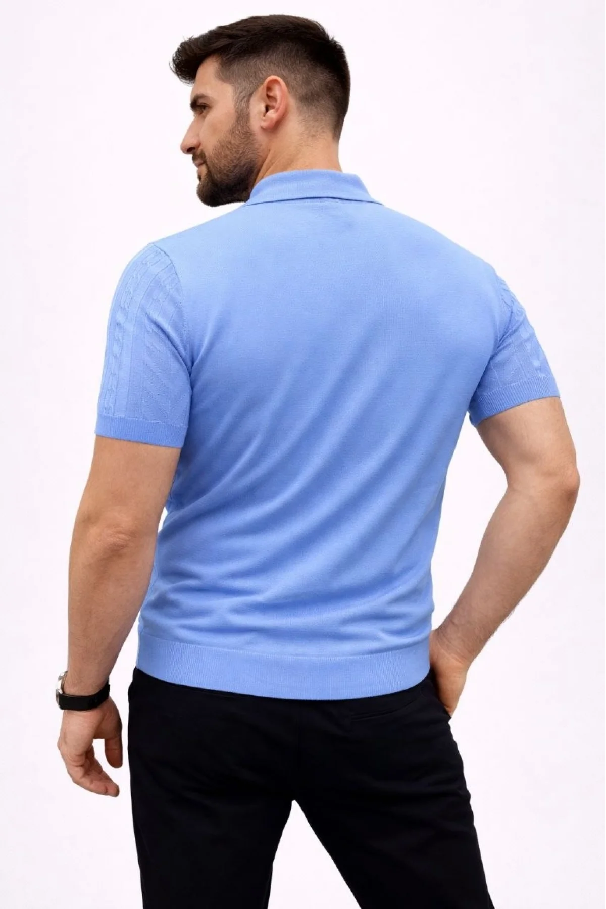 Erkek Yazlık Triko Tişört Kısa Kol Polo Yaka Düğmeli T-Shirt - Bebek Mavisi