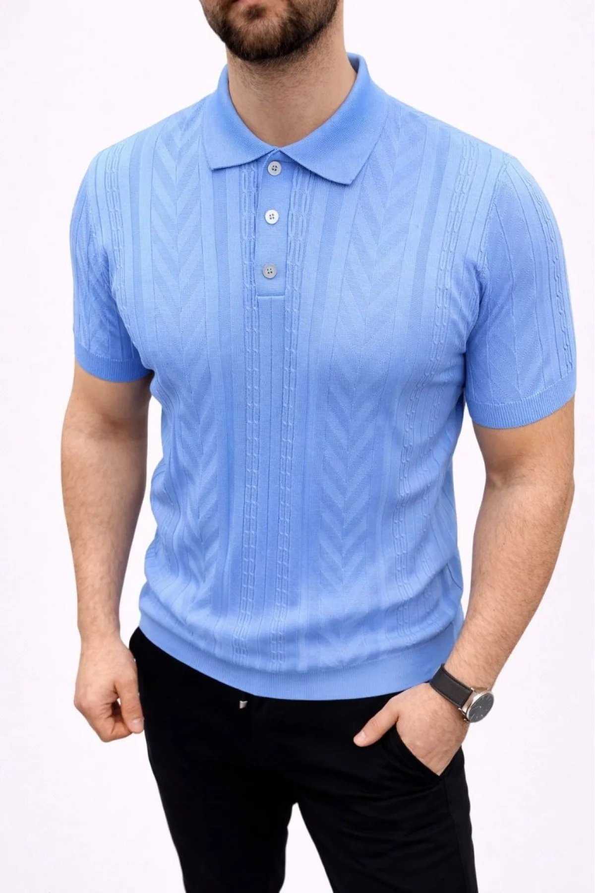 Erkek Yazlık Triko Tişört Kısa Kol Polo Yaka Düğmeli T-Shirt - Bebek Mavisi