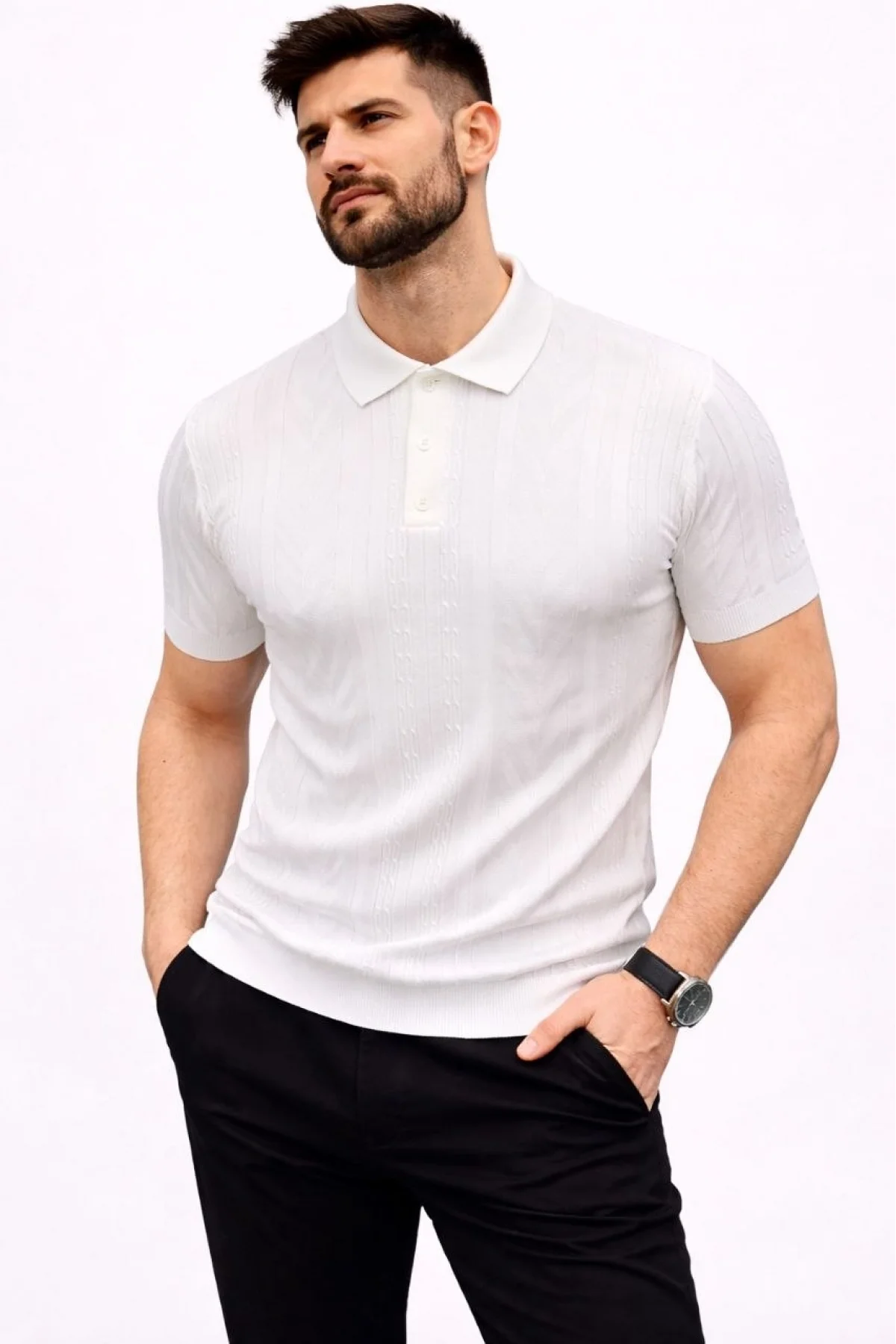 Erkek Yazlık Triko Tişört Kısa Kol Polo Yaka Düğmeli T-Shirt - Beyaz