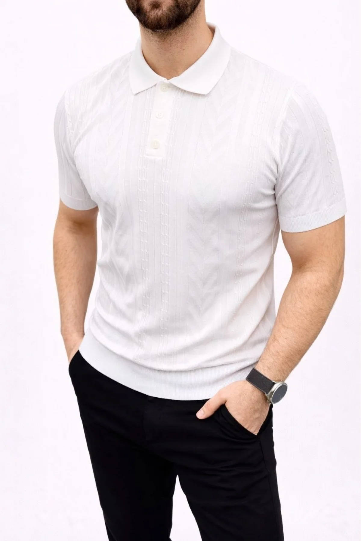 Erkek Yazlık Triko Tişört Kısa Kol Polo Yaka Düğmeli T-Shirt - Beyaz