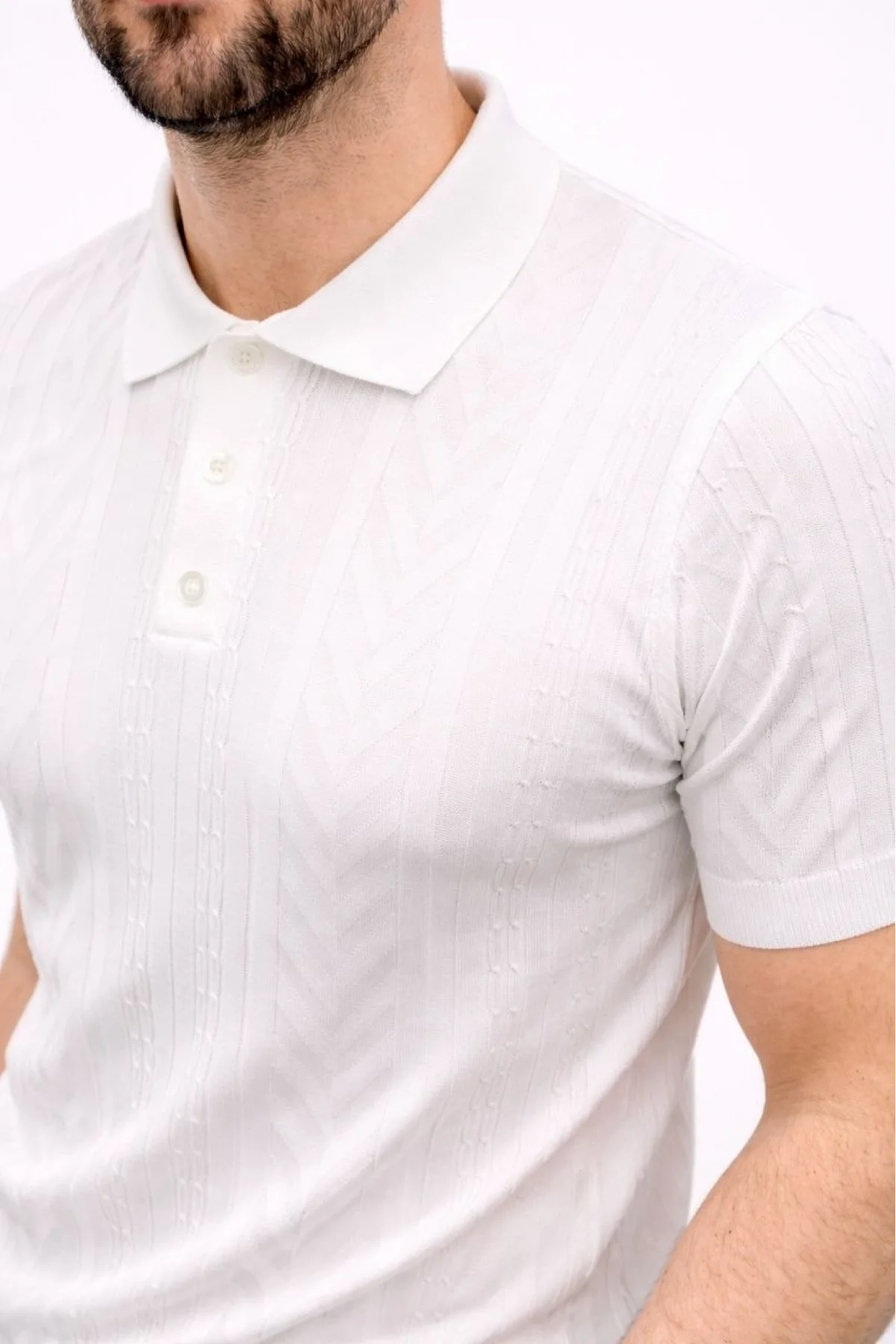 Erkek Yazlık Triko Tişört Kısa Kol Polo Yaka Düğmeli T-Shirt - Beyaz