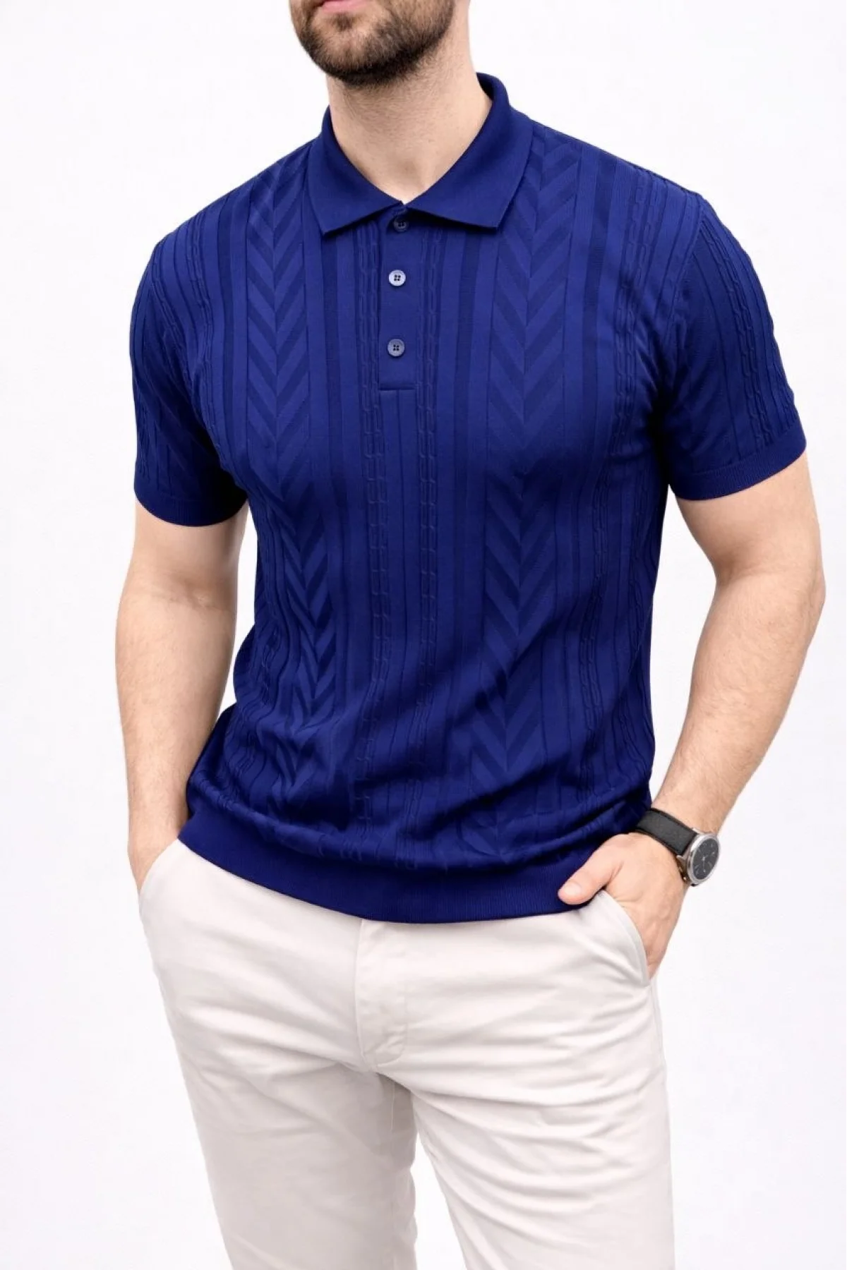 Erkek Yazlık Triko Tişört Kısa Kol Polo Yaka Düğmeli T-Shirt - Lacivert