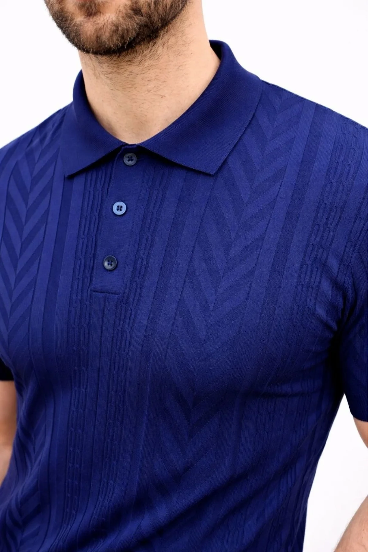 Erkek Yazlık Triko Tişört Kısa Kol Polo Yaka Düğmeli T-Shirt - Lacivert