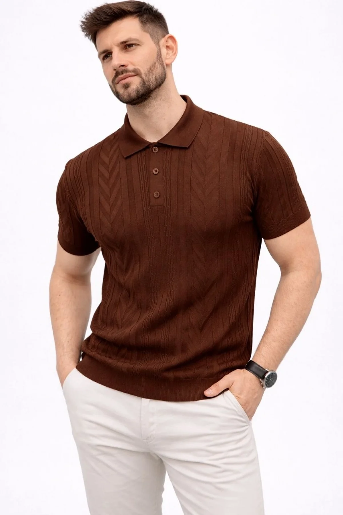Erkek Yazlık Triko Tişört Kısa Kol Polo Yaka Düğmeli T-Shirt - Kahverengi