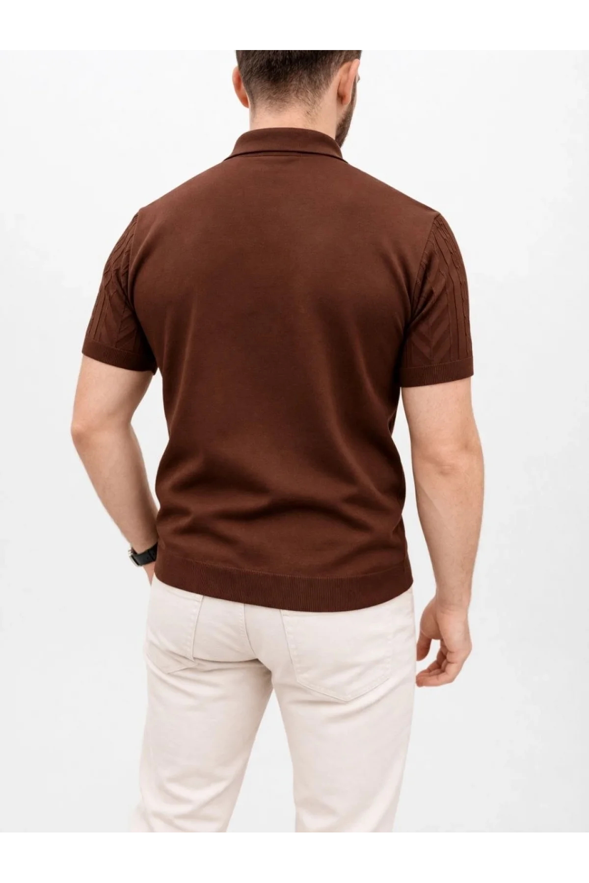 Erkek Yazlık Triko Tişört Kısa Kol Polo Yaka Düğmeli T-Shirt - Kahverengi