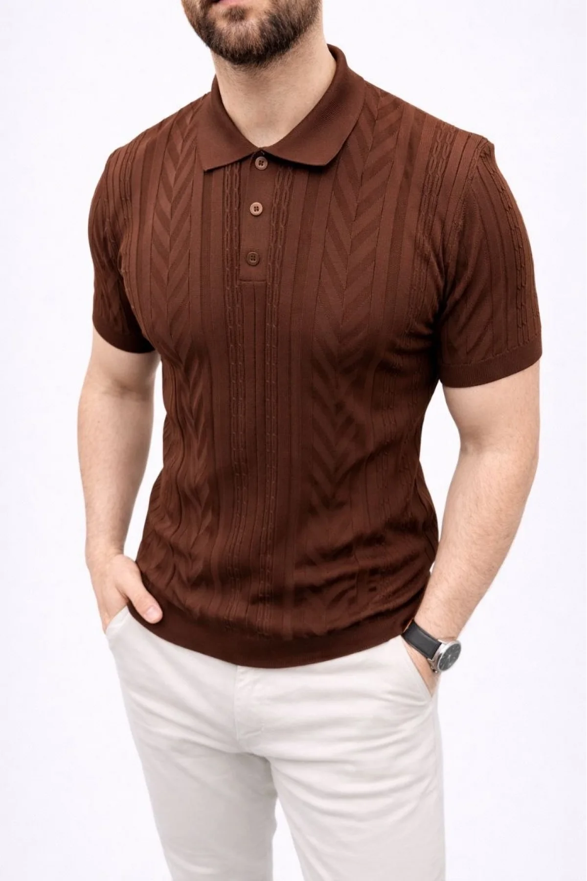 Erkek Yazlık Triko Tişört Kısa Kol Polo Yaka Düğmeli T-Shirt - Kahverengi