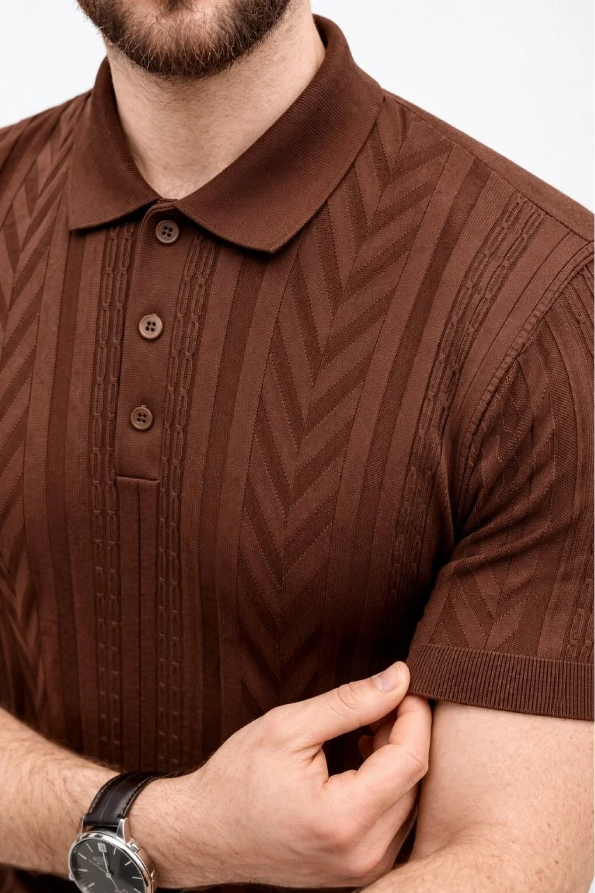 Erkek Yazlık Triko Tişört Kısa Kol Polo Yaka Düğmeli T-Shirt - Kahverengi