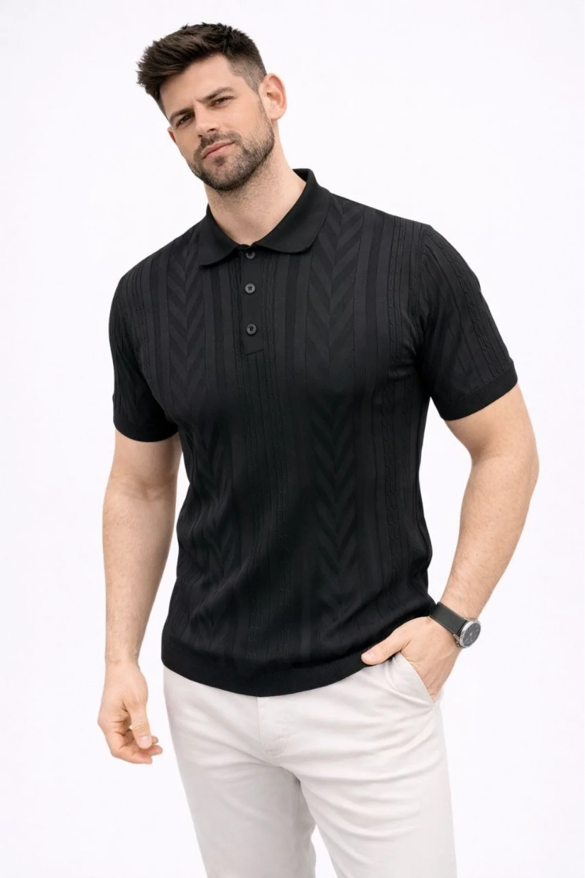 Erkek Yazlık Triko Tişört Kısa Kol Polo Yaka Düğmeli T-Shirt - Siyah