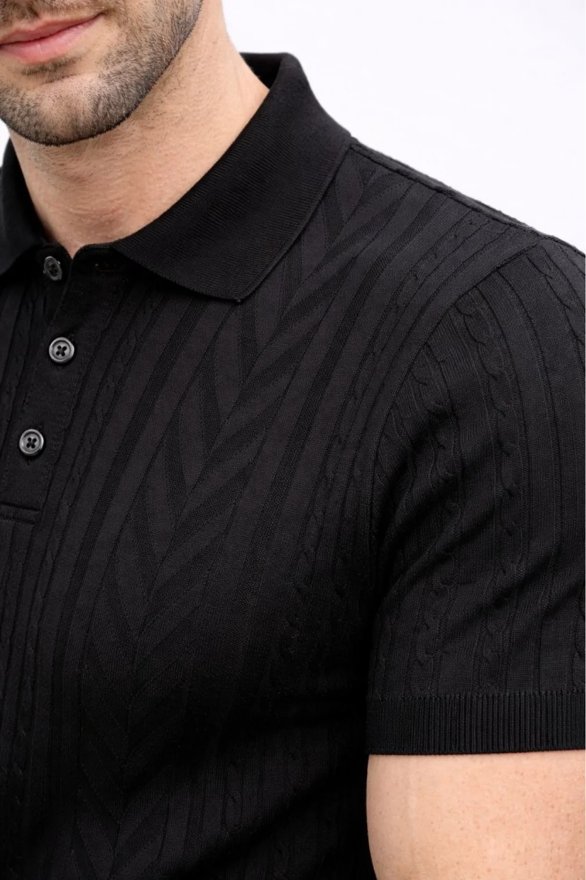 Erkek Yazlık Triko Tişört Kısa Kol Polo Yaka Düğmeli T-Shirt - Siyah