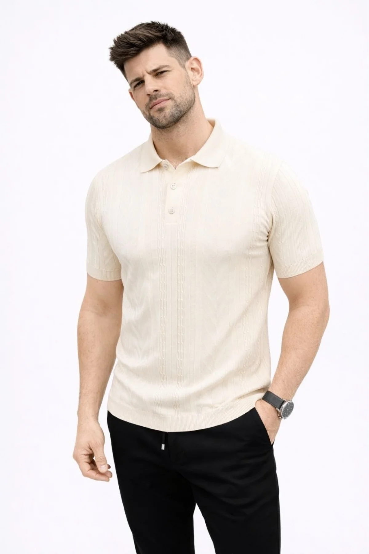 Erkek Yazlık Triko Tişört Kısa Kol Polo Yaka Düğmeli T-Shirt - Krem