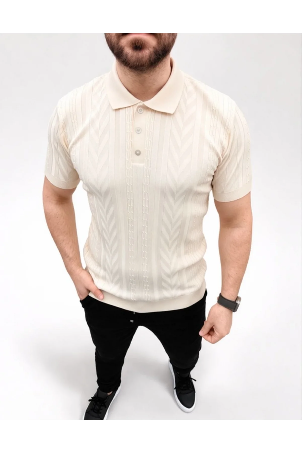 Erkek Yazlık Triko Tişört Kısa Kol Polo Yaka Düğmeli T-Shirt - Krem