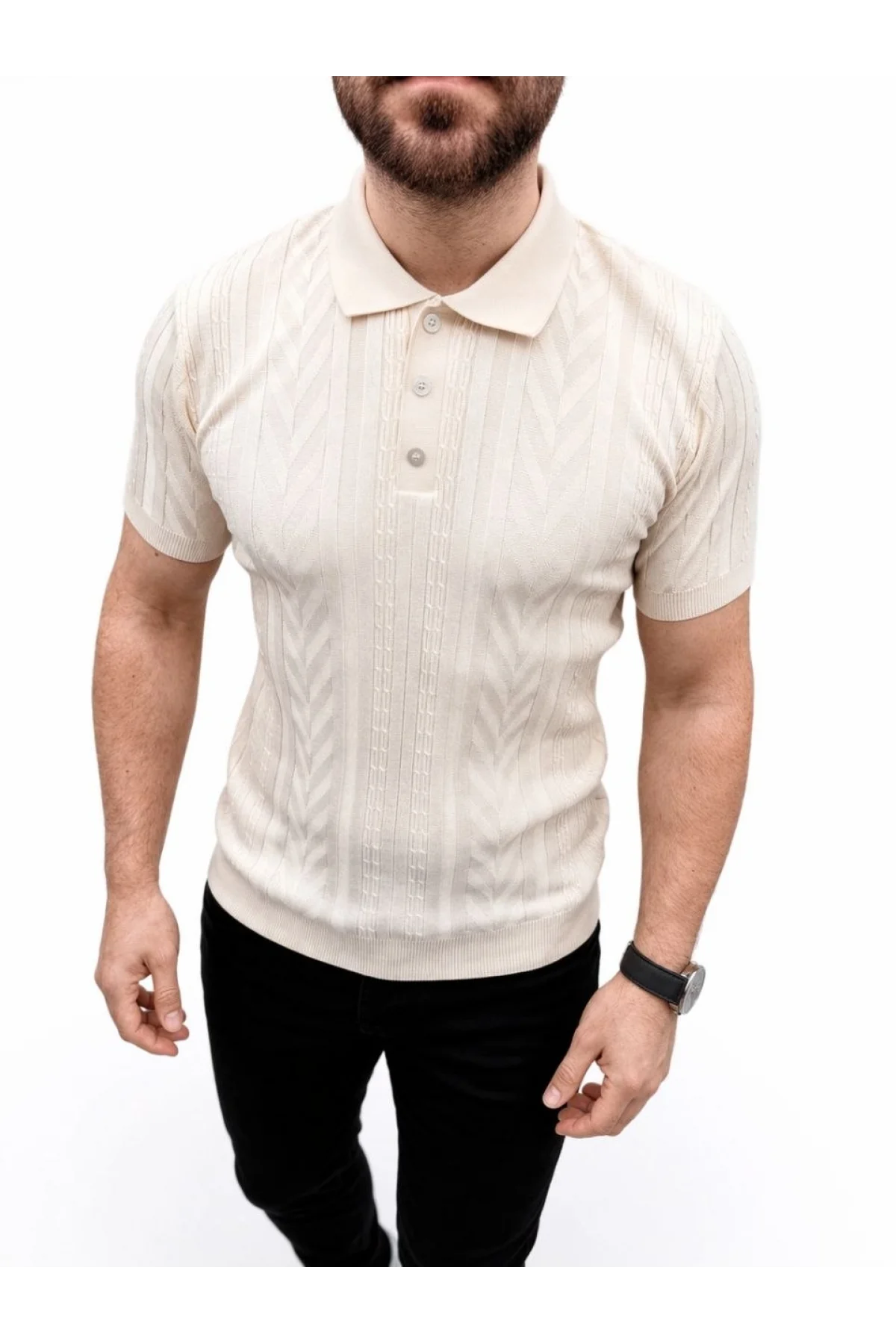 Erkek Yazlık Triko Tişört Kısa Kol Polo Yaka Düğmeli T-Shirt - Krem