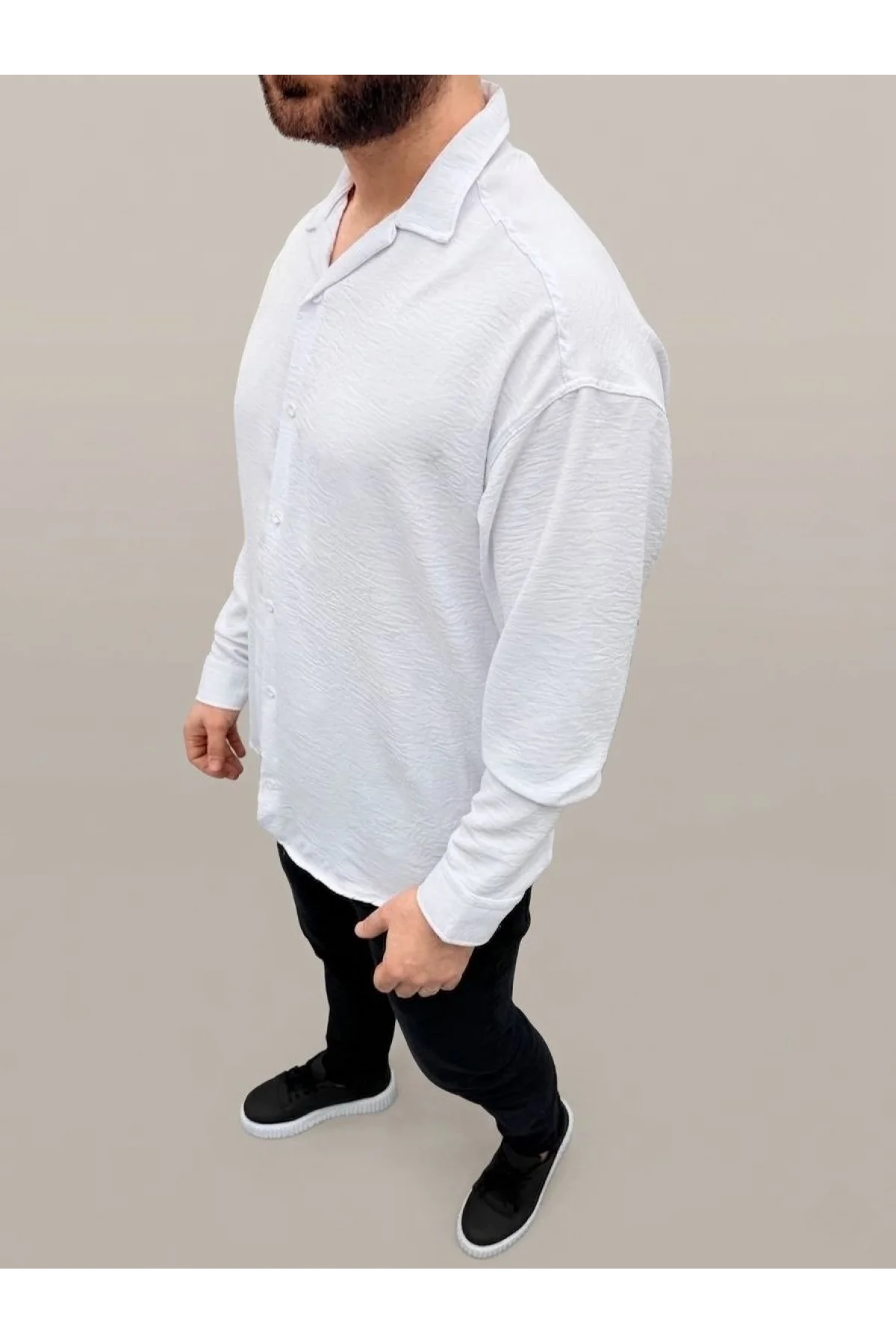 Erkek Aerobin Kumaş Oversize 4 Mevsim Uzun Kollu Rahat Kalıp Gömlek - Beyaz