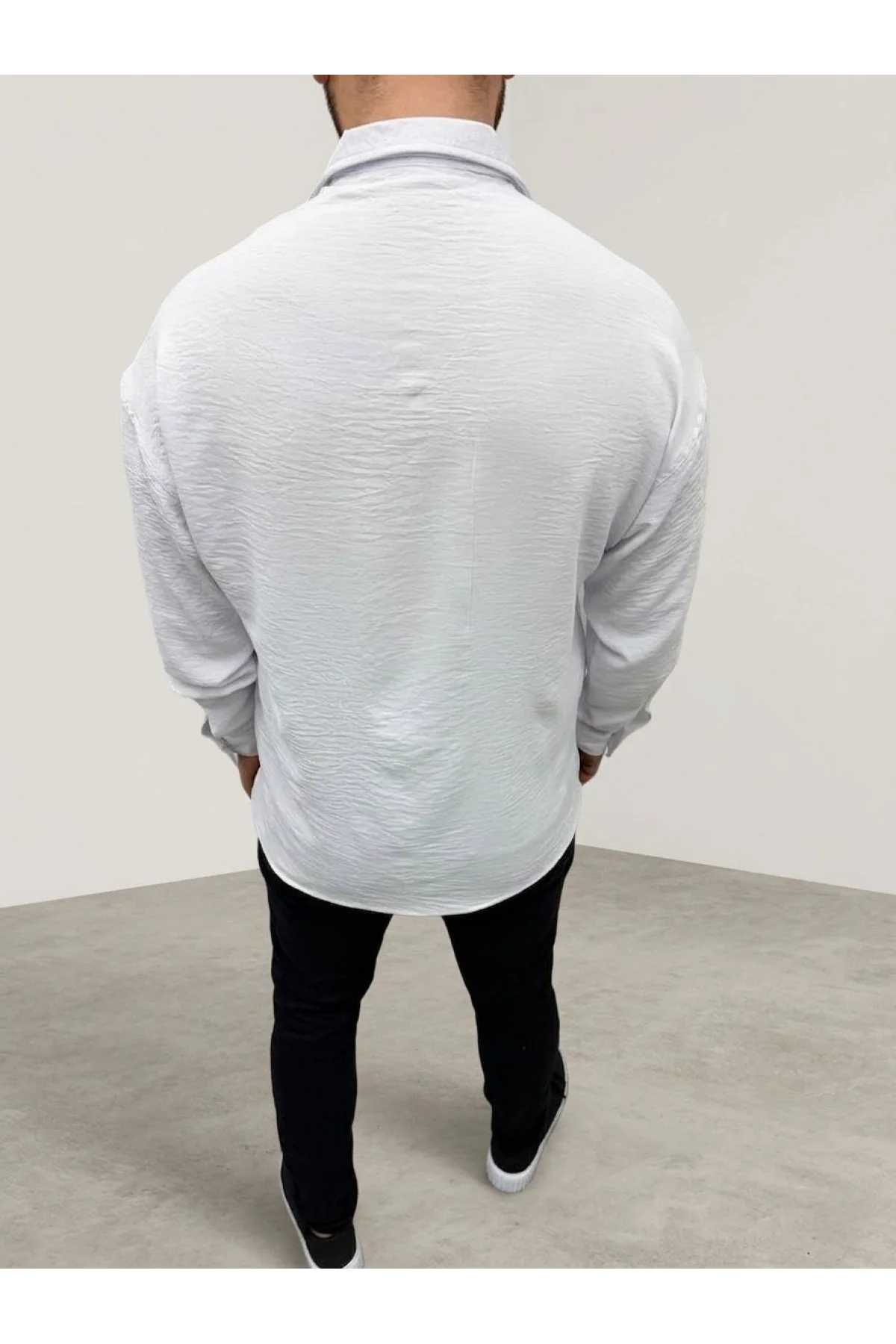 Erkek Aerobin Kumaş Oversize 4 Mevsim Uzun Kollu Rahat Kalıp Gömlek - Beyaz
