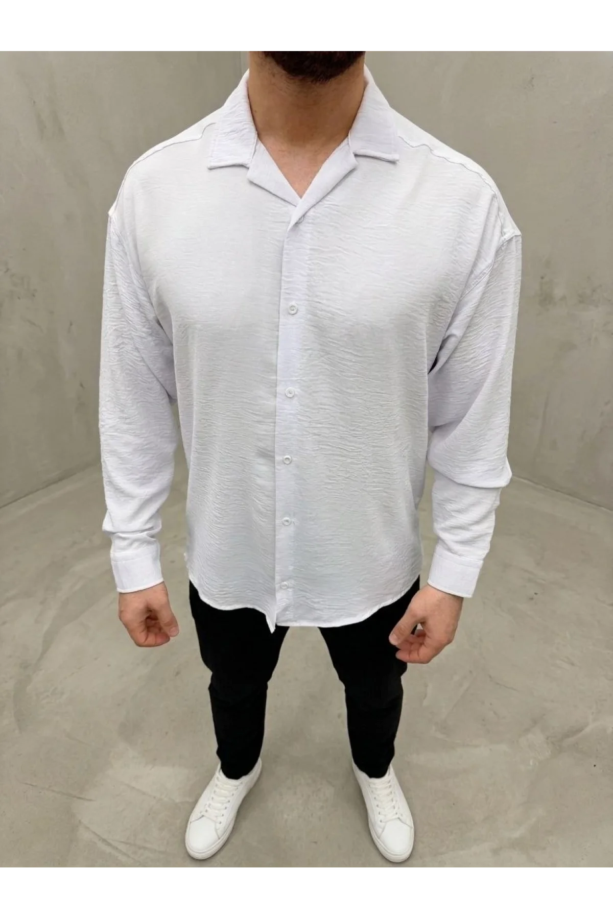 Erkek Aerobin Kumaş Oversize 4 Mevsim Uzun Kollu Rahat Kalıp Gömlek - Beyaz