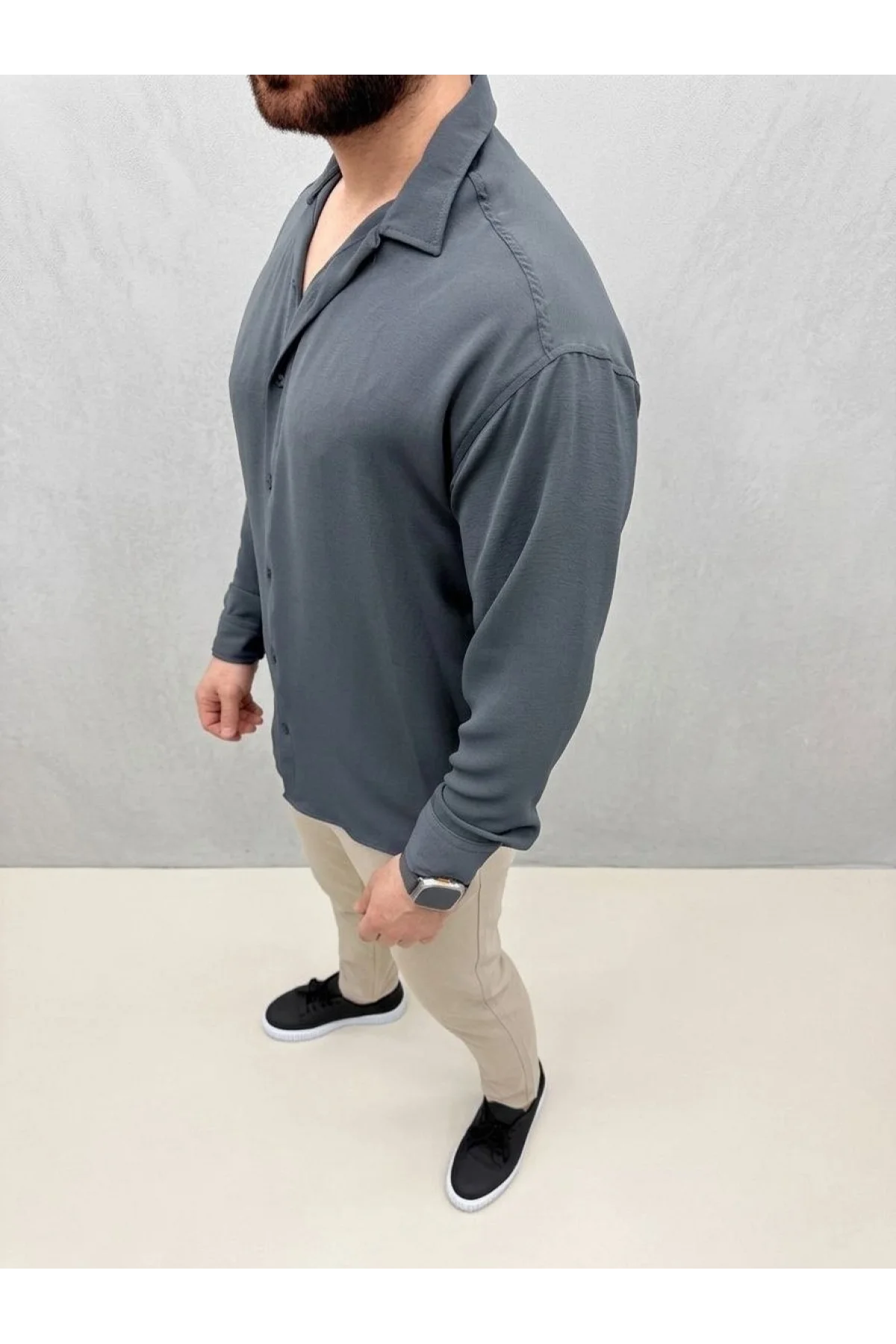 Erkek Aerobin Kumaş Oversize 4 Mevsim Uzun Kollu Rahat Kalıp Gömlek - Füme