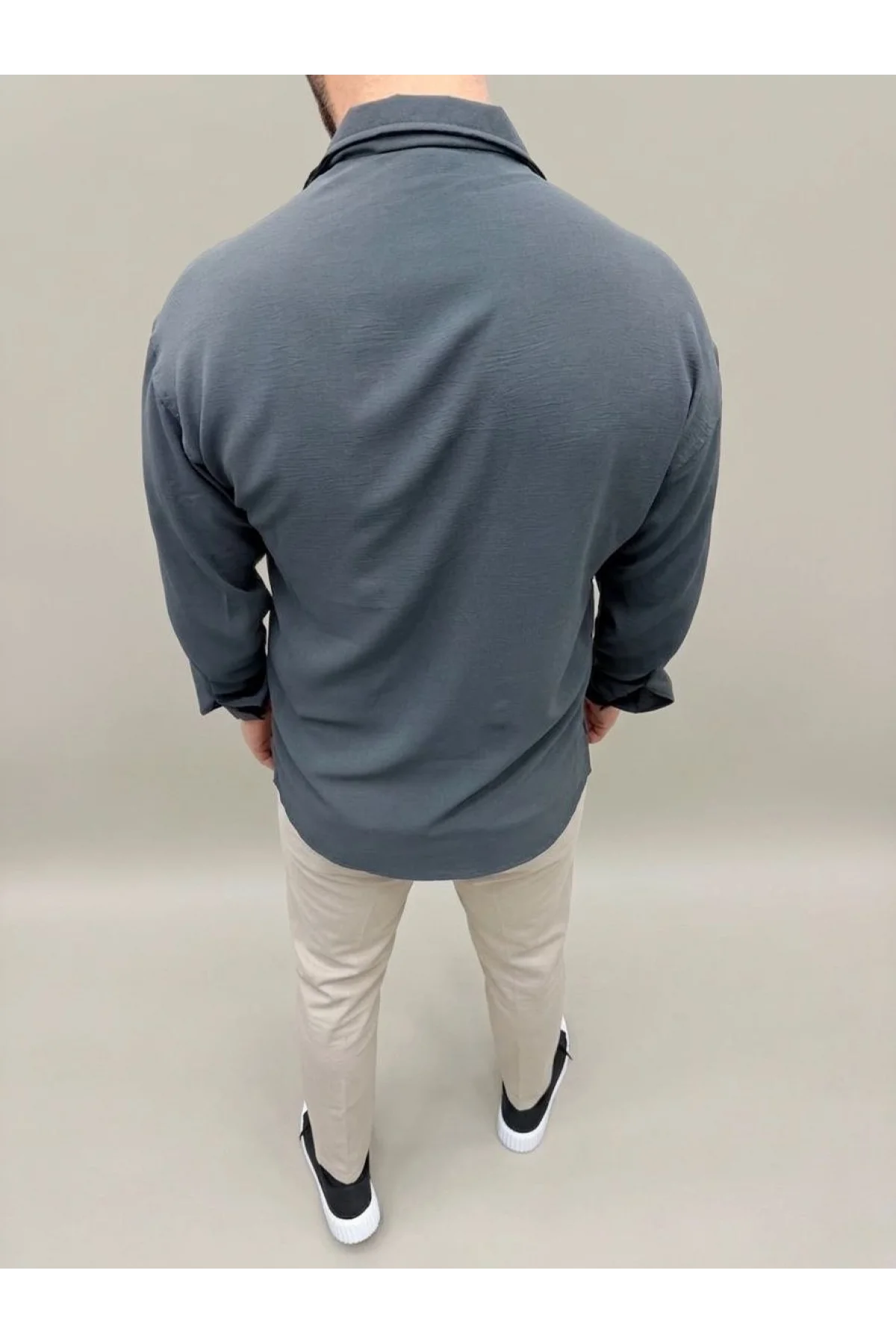 Erkek Aerobin Kumaş Oversize 4 Mevsim Uzun Kollu Rahat Kalıp Gömlek - Füme