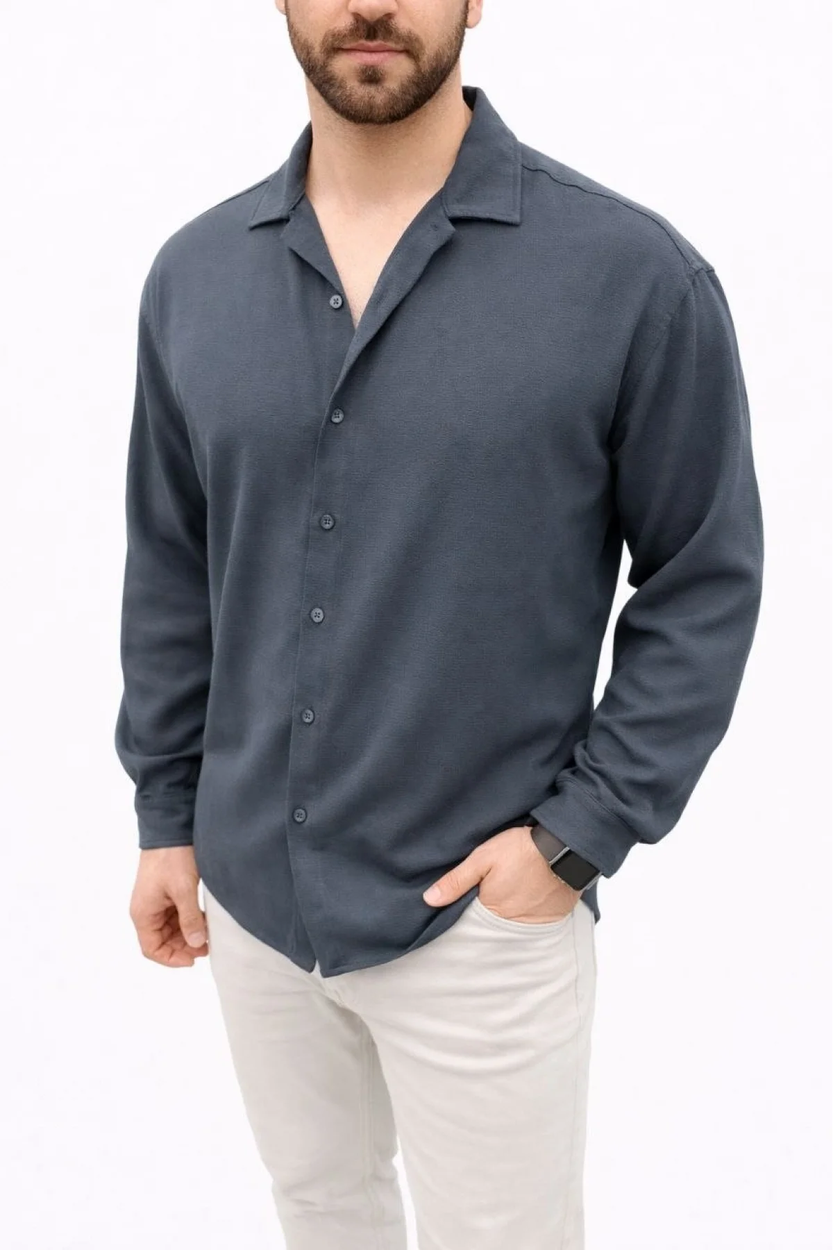 Erkek Aerobin Kumaş Oversize 4 Mevsim Uzun Kollu Rahat Kalıp Gömlek - Füme