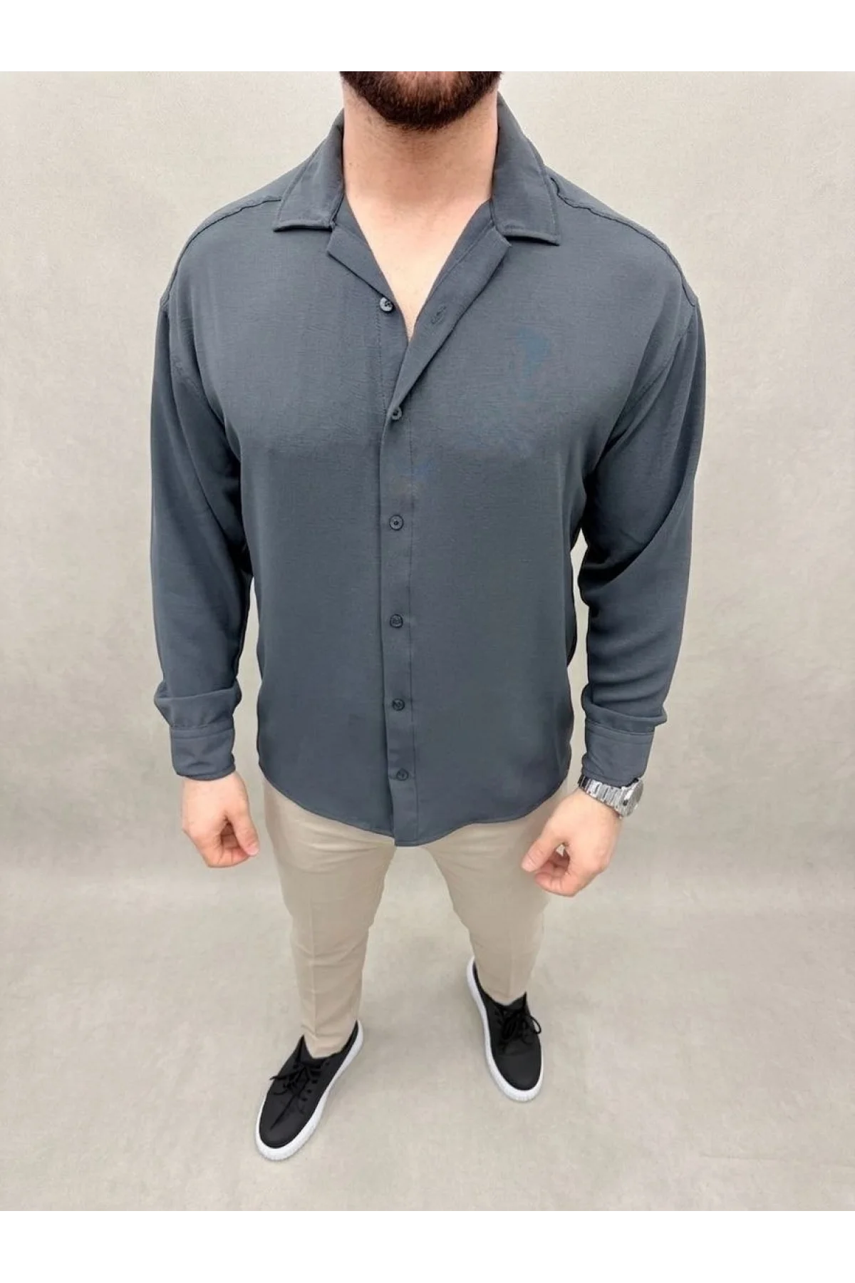 Erkek Aerobin Kumaş Oversize 4 Mevsim Uzun Kollu Rahat Kalıp Gömlek - Füme