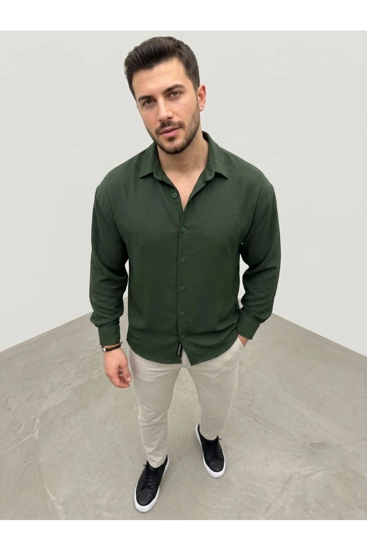 Erkek Aerobin Kumaş Oversize 4 Mevsim Uzun Kollu Rahat Kalıp Gömlek - Haki