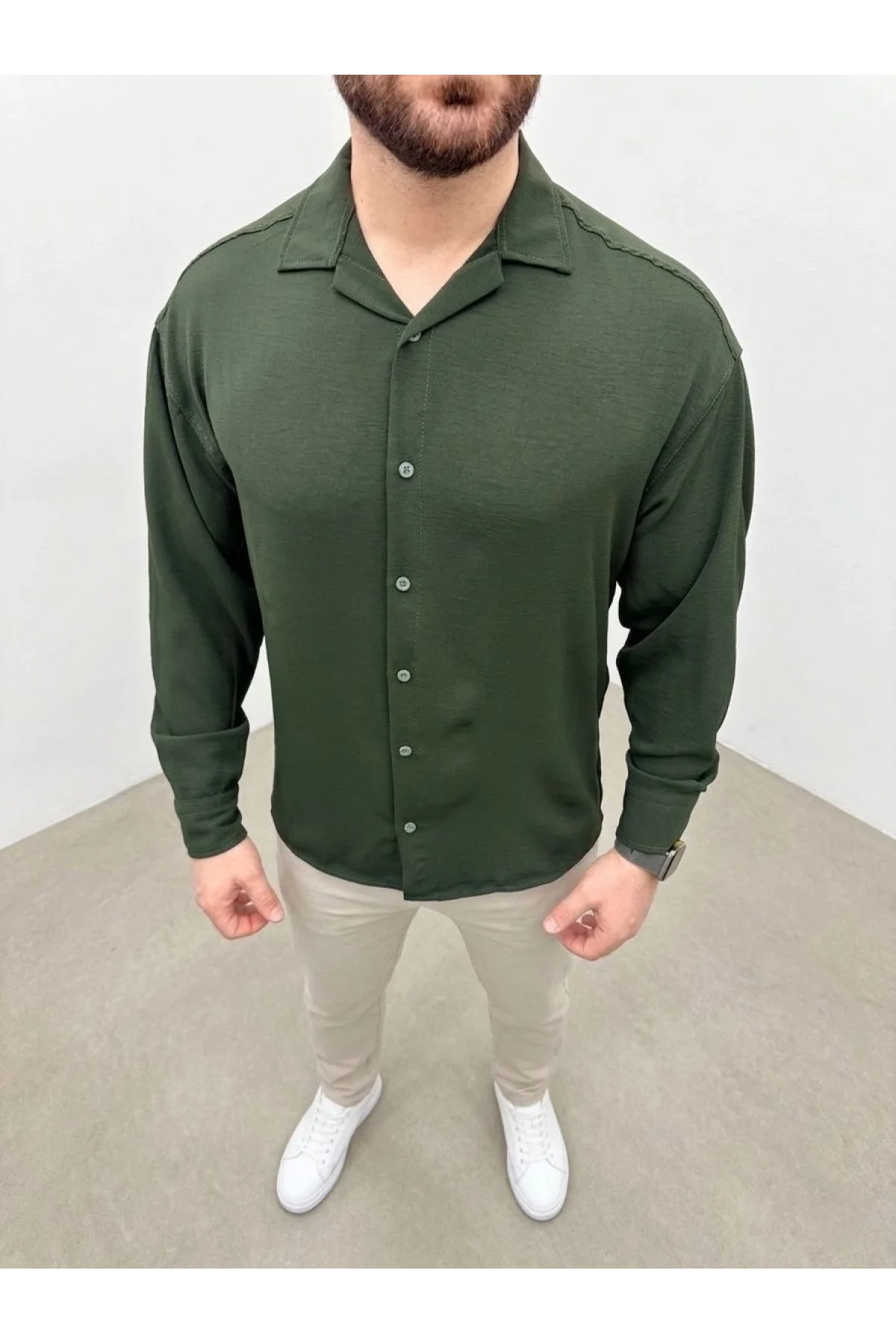 Erkek Aerobin Kumaş Oversize 4 Mevsim Uzun Kollu Rahat Kalıp Gömlek - Haki