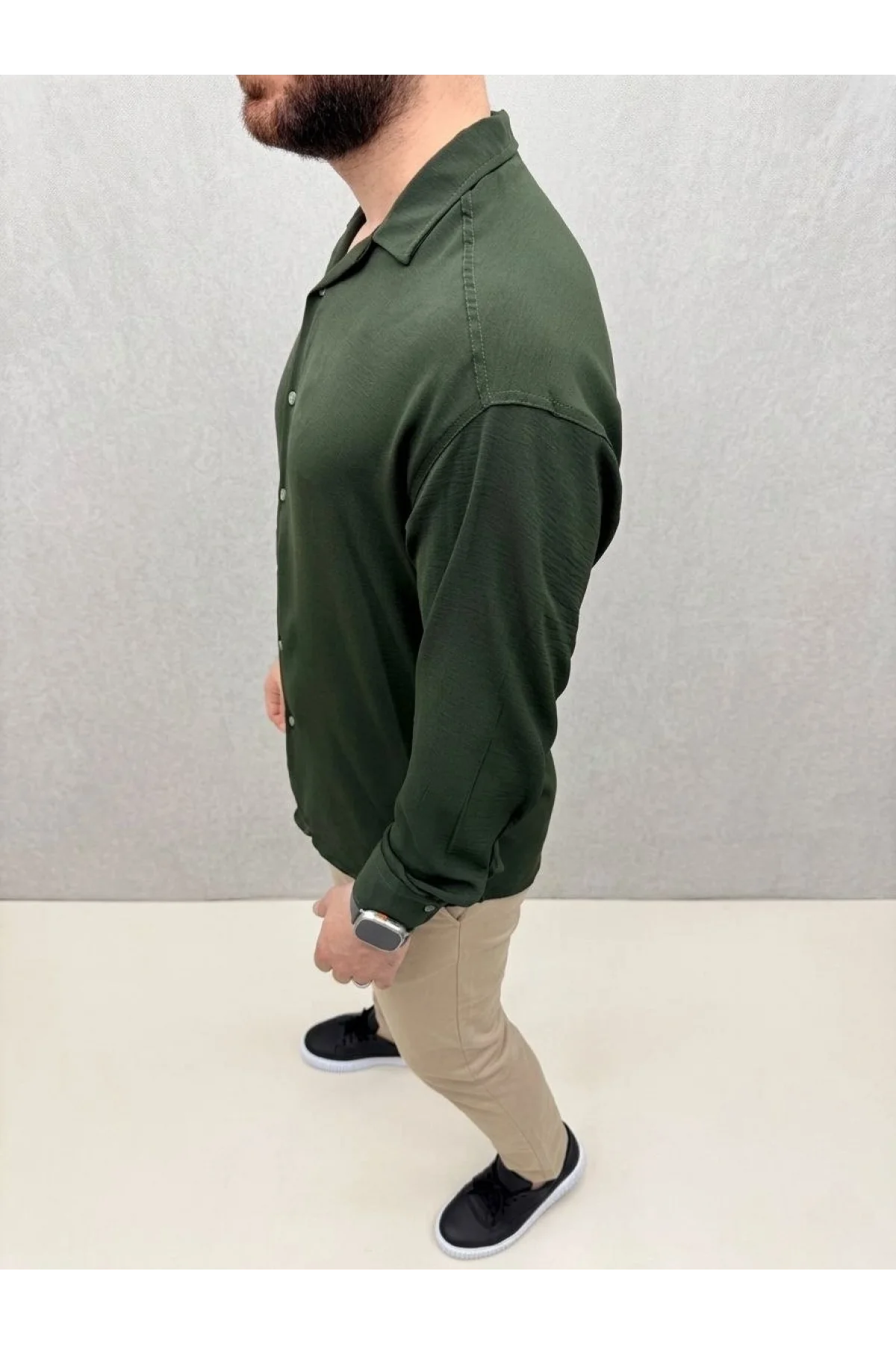 Erkek Aerobin Kumaş Oversize 4 Mevsim Uzun Kollu Rahat Kalıp Gömlek - Haki