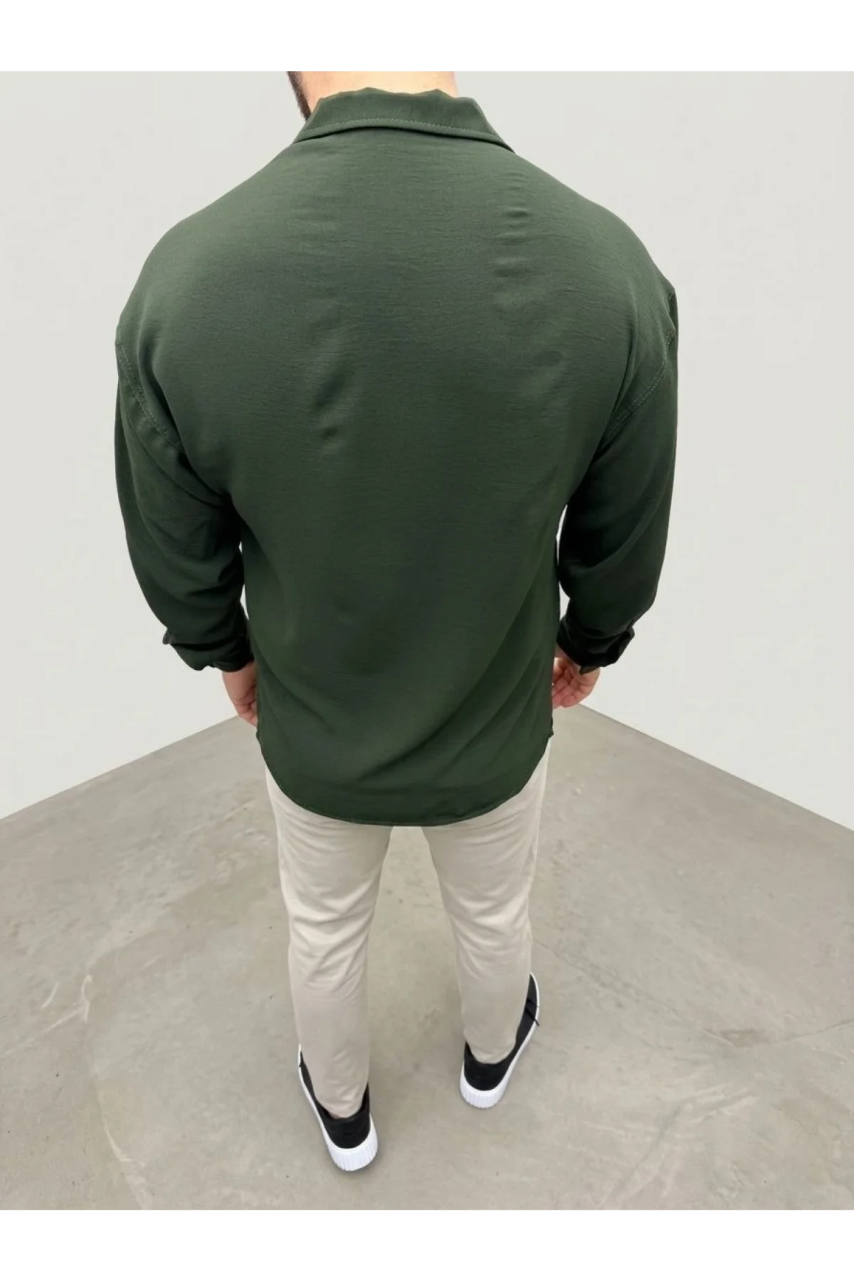 Erkek Aerobin Kumaş Oversize 4 Mevsim Uzun Kollu Rahat Kalıp Gömlek - Haki