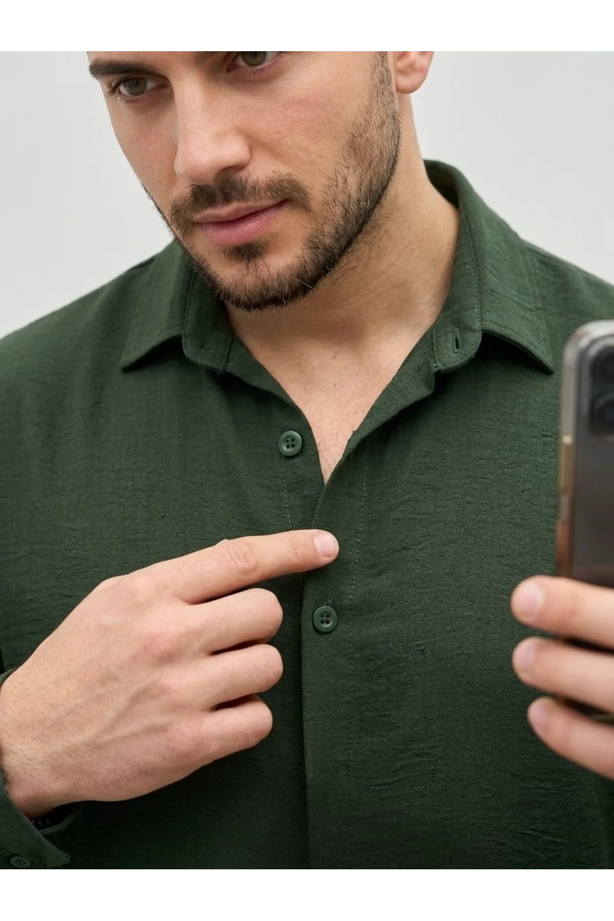 Erkek Aerobin Kumaş Oversize 4 Mevsim Uzun Kollu Rahat Kalıp Gömlek - Haki