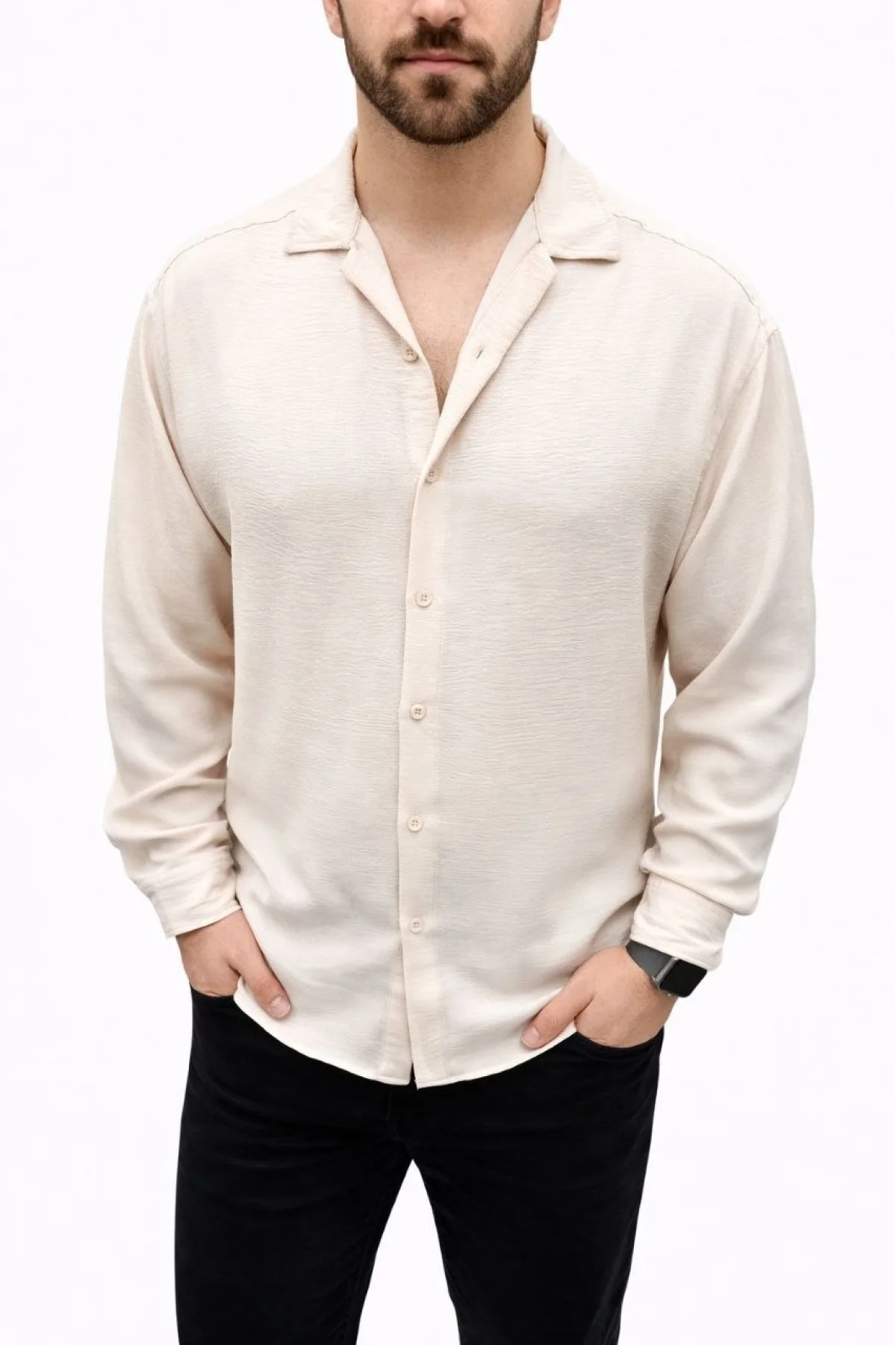 Erkek Aerobin Kumaş Oversize 4 Mevsim Uzun Kollu Rahat Kalıp Gömlek - Bej