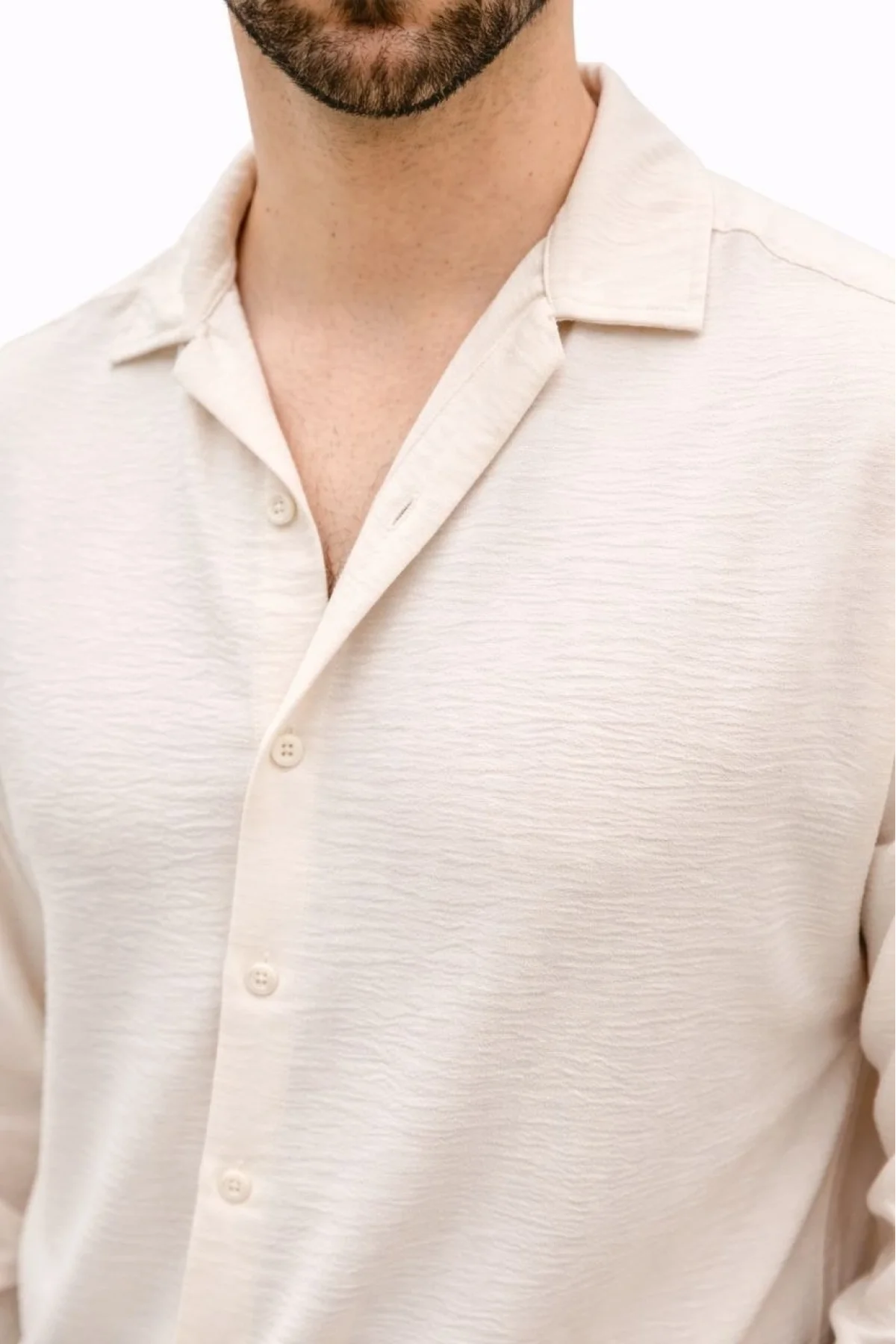 Erkek Aerobin Kumaş Oversize 4 Mevsim Uzun Kollu Rahat Kalıp Gömlek - Bej