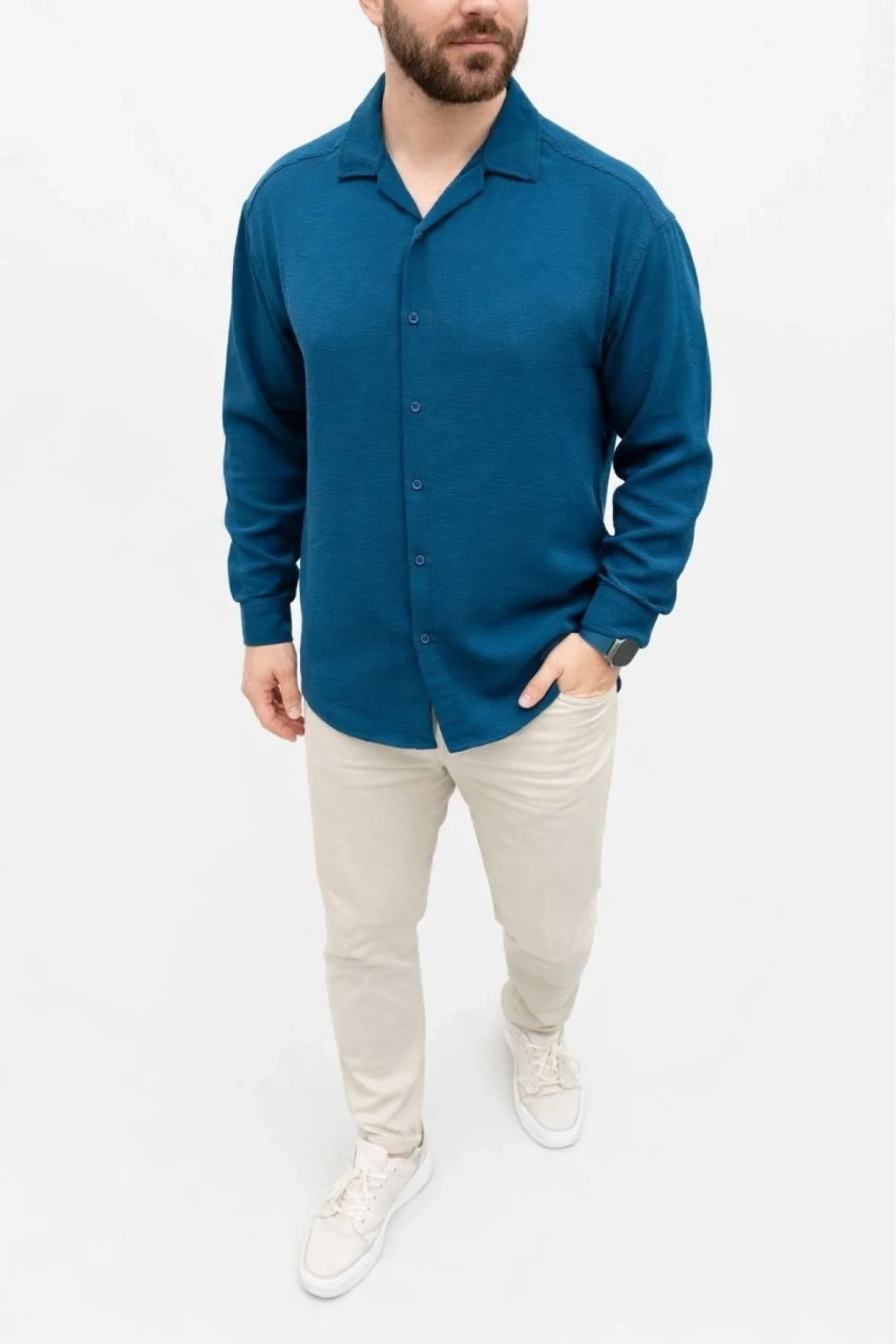 Erkek Aerobin Kumaş Oversize 4 Mevsim Uzun Kollu Rahat Kalıp Gömlek - İndigo