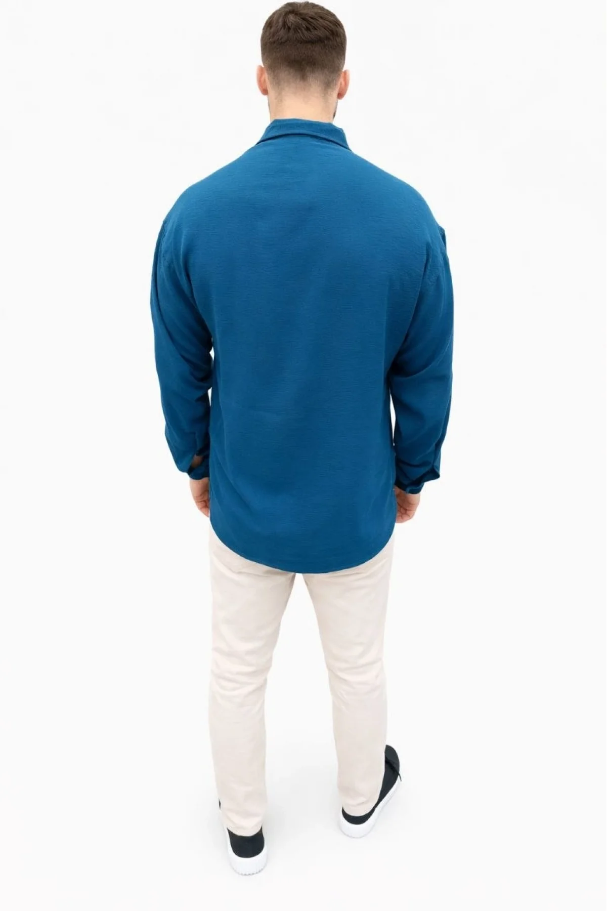 Erkek Aerobin Kumaş Oversize 4 Mevsim Uzun Kollu Rahat Kalıp Gömlek - İndigo