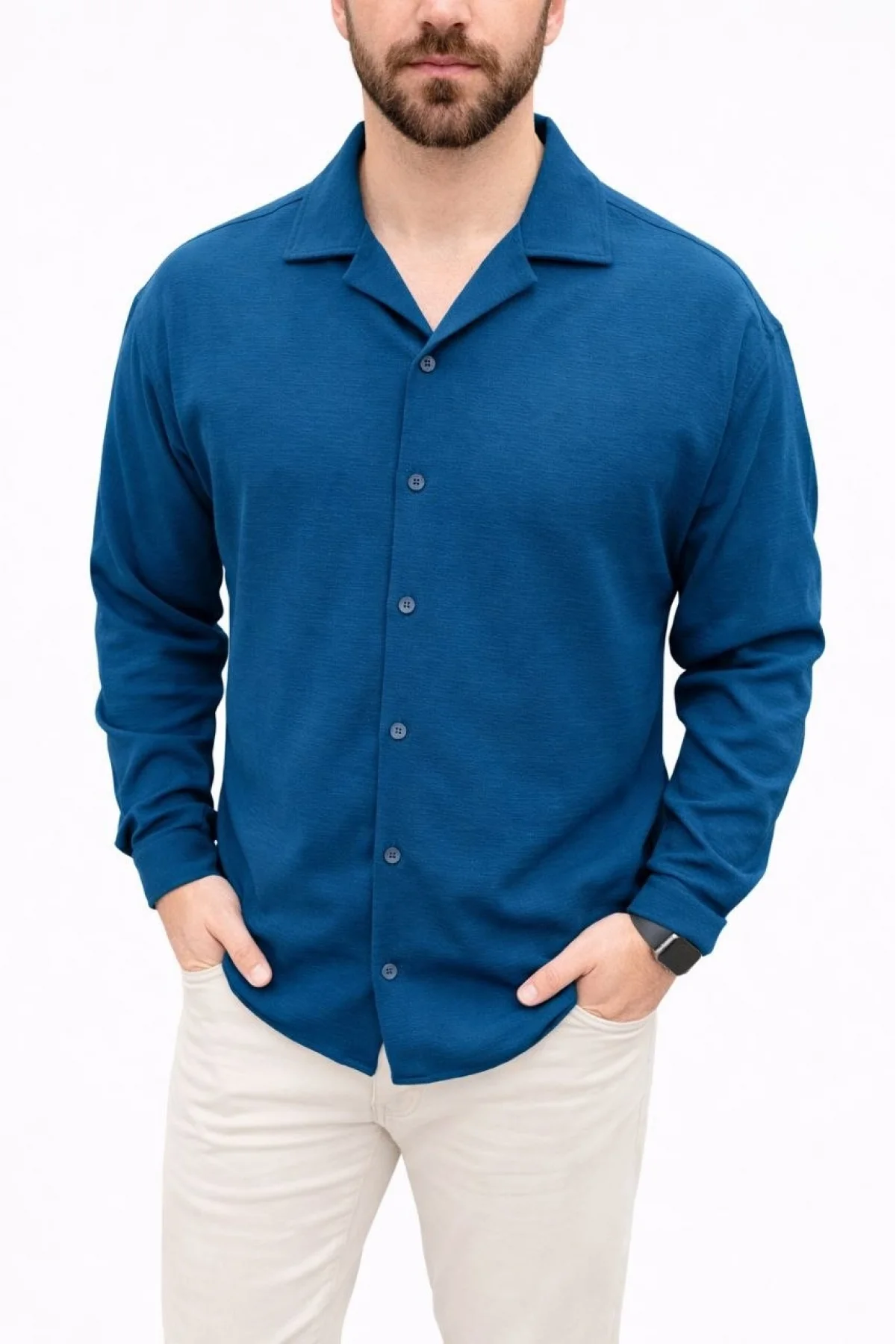 Erkek Aerobin Kumaş Oversize 4 Mevsim Uzun Kollu Rahat Kalıp Gömlek - İndigo