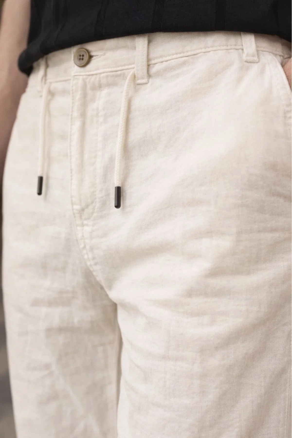 Erkek Keten Cepli Pantolon Lastikli Bel Bağcıklı Önden Fermuarlı - Krem